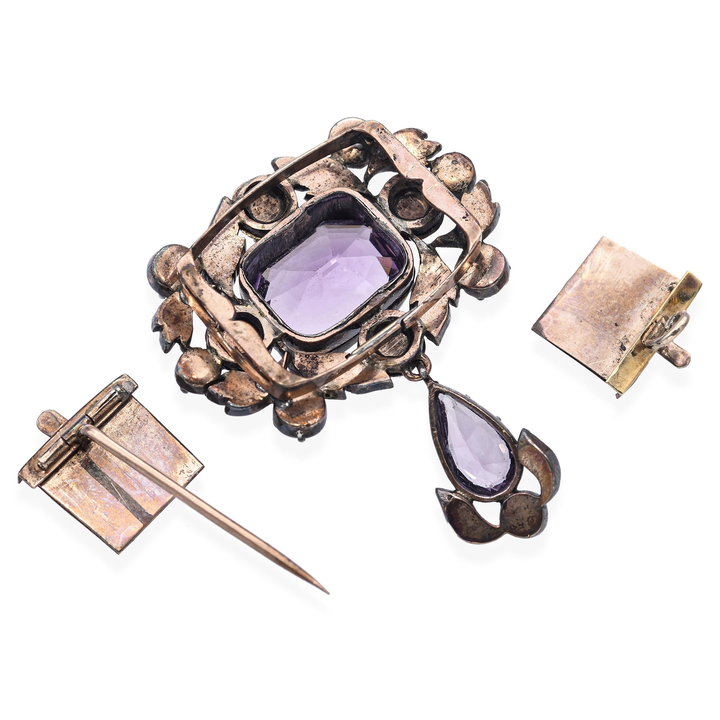 Antique Silver Topped Gold Rose-cut Diamond and Amethyst Brooch