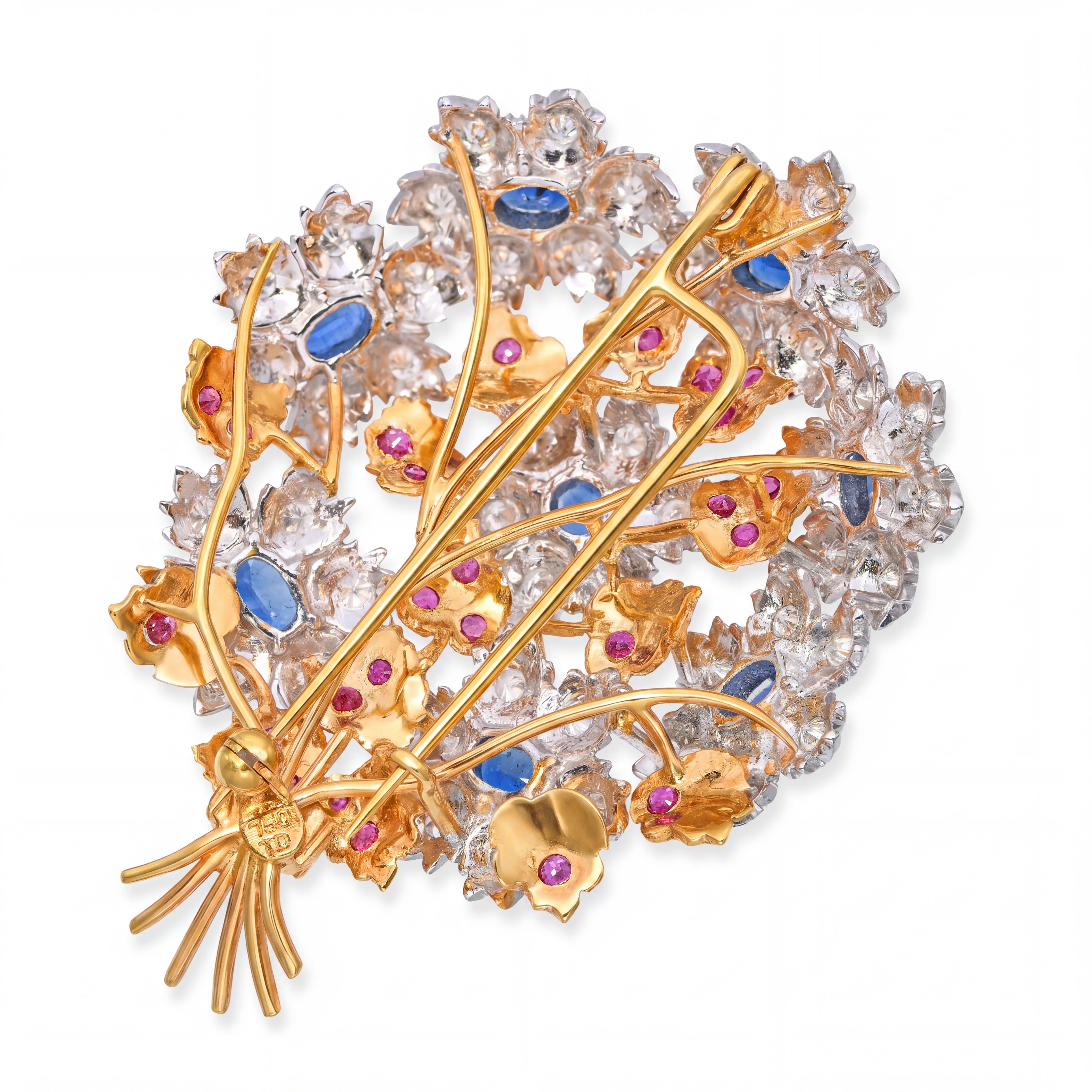 18k Two Tone Gold Sapphire, Diamond & Ruby Bouquet Brooch