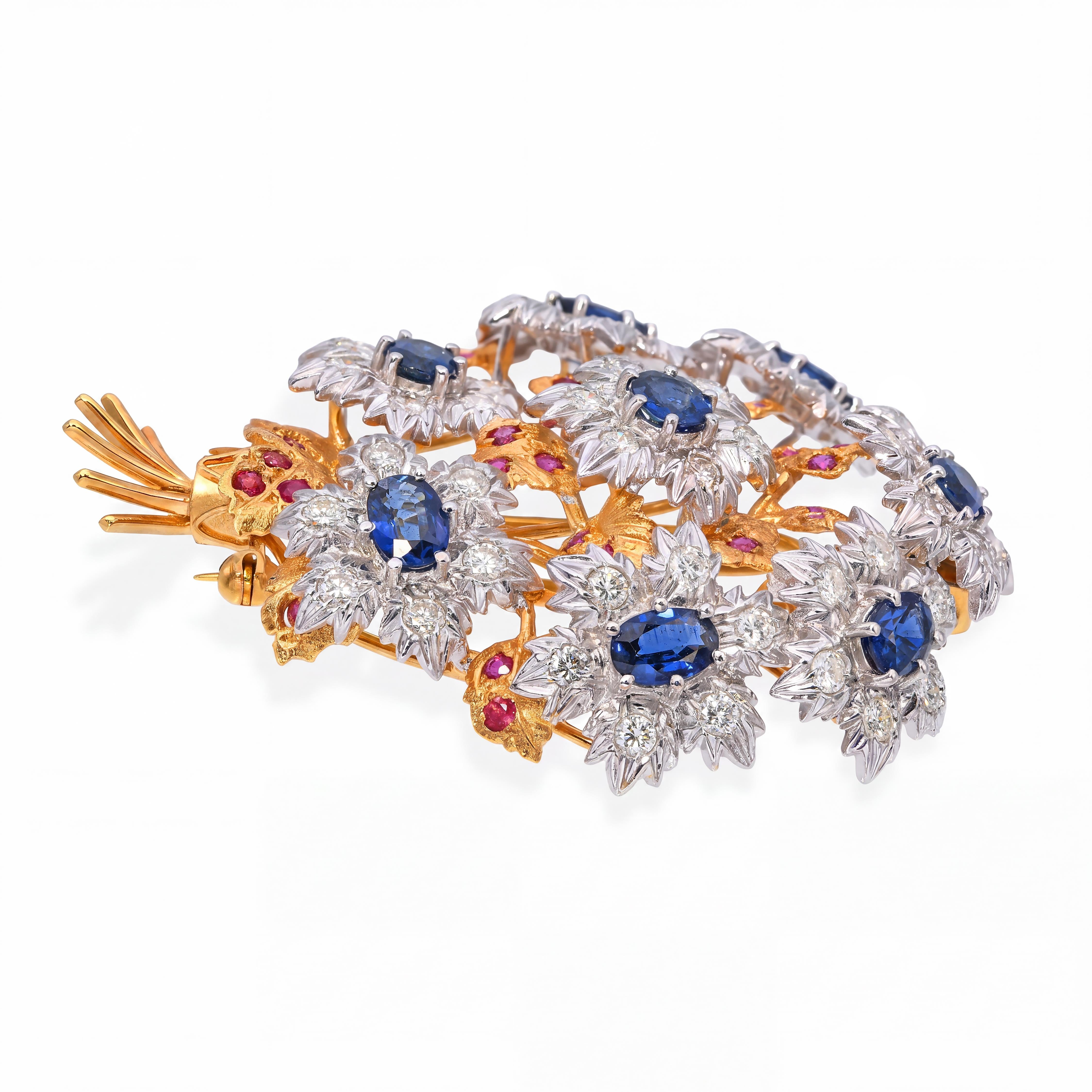 18k Two Tone Gold Sapphire, Diamond & Ruby Bouquet Brooch