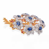 18k Two Tone Gold Sapphire, Diamond & Ruby Bouquet Brooch