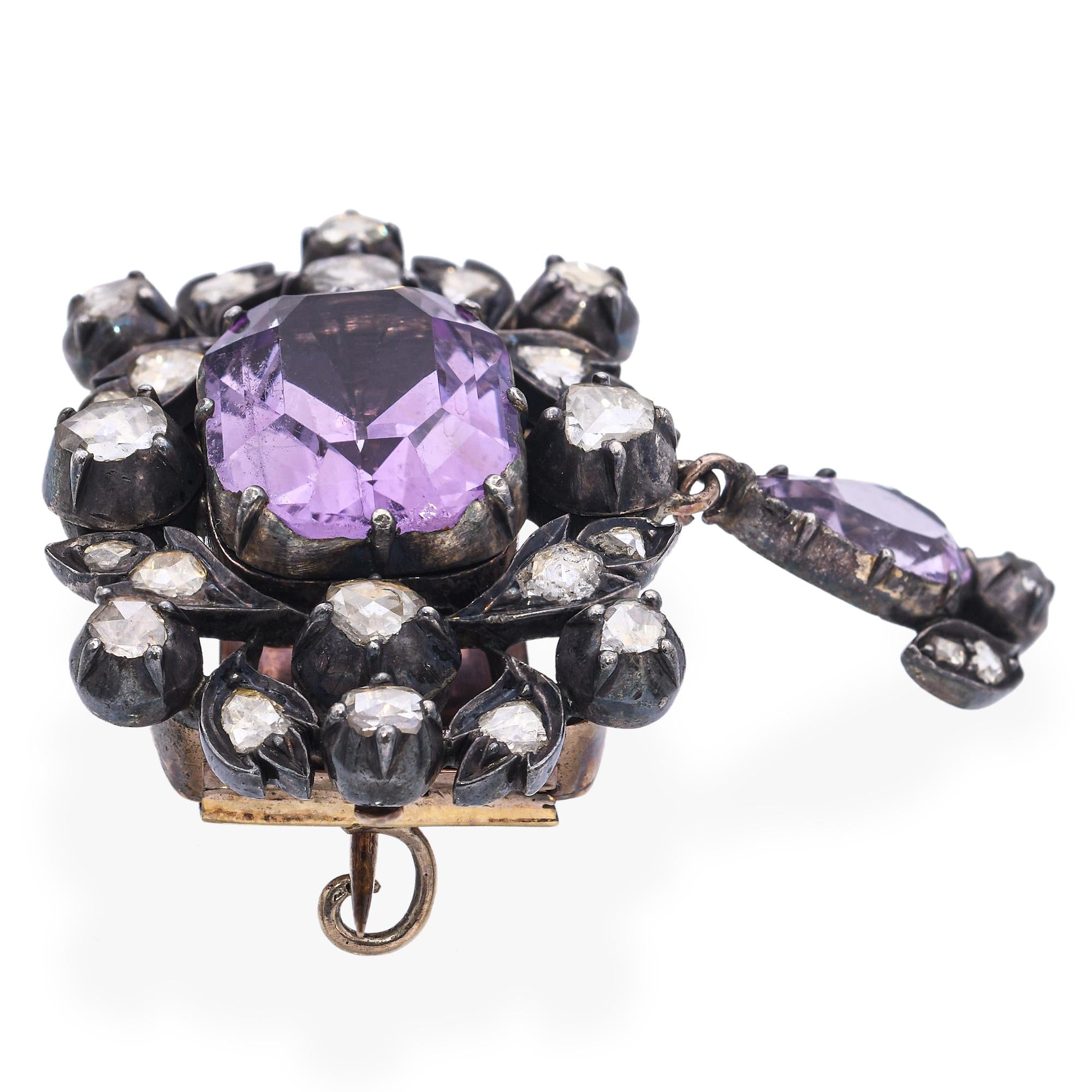 Antique Silver Topped Gold Rose-cut Diamond and Amethyst Brooch