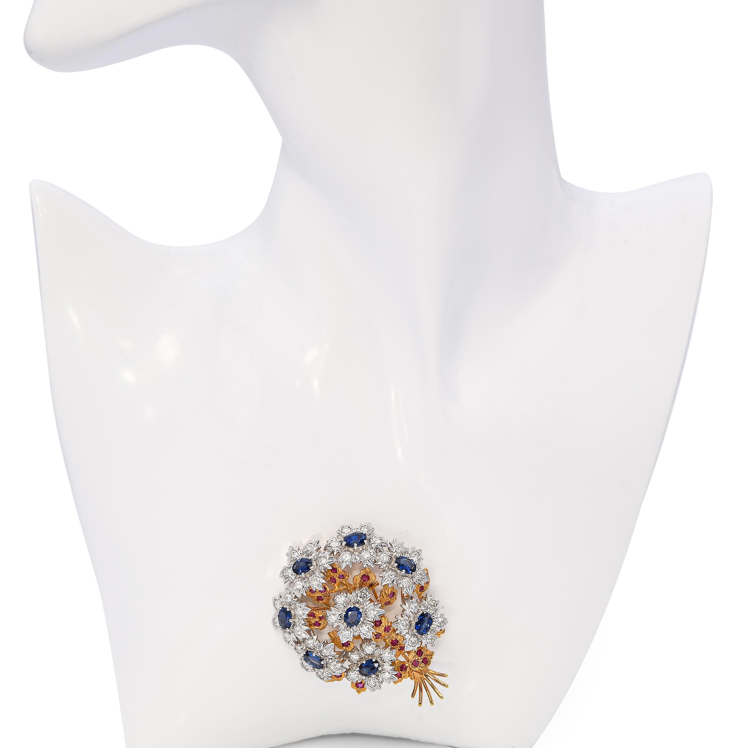 18k Two Tone Gold Sapphire, Diamond & Ruby Bouquet Brooch