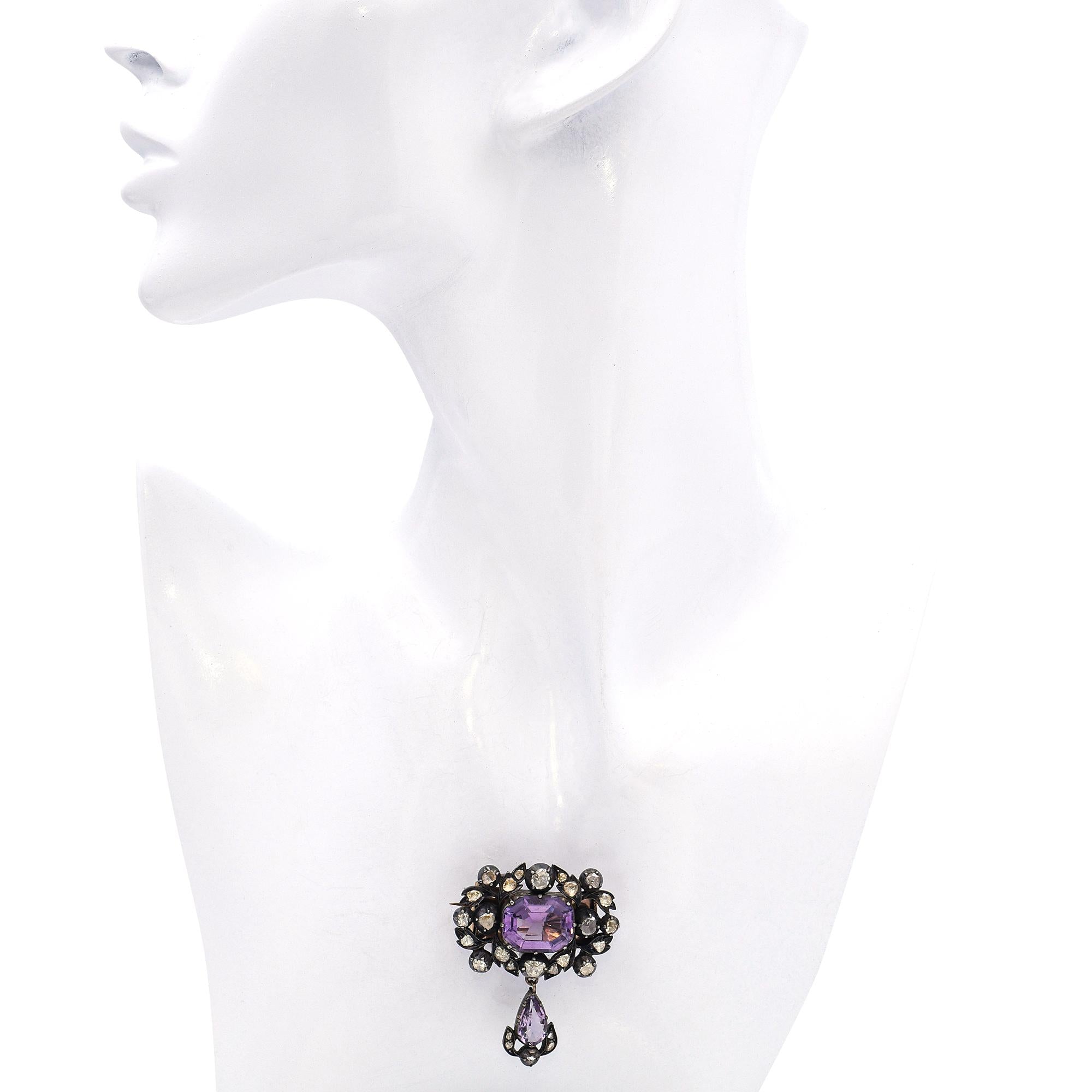 Antique Silver Topped Gold Rose-cut Diamond and Amethyst Brooch