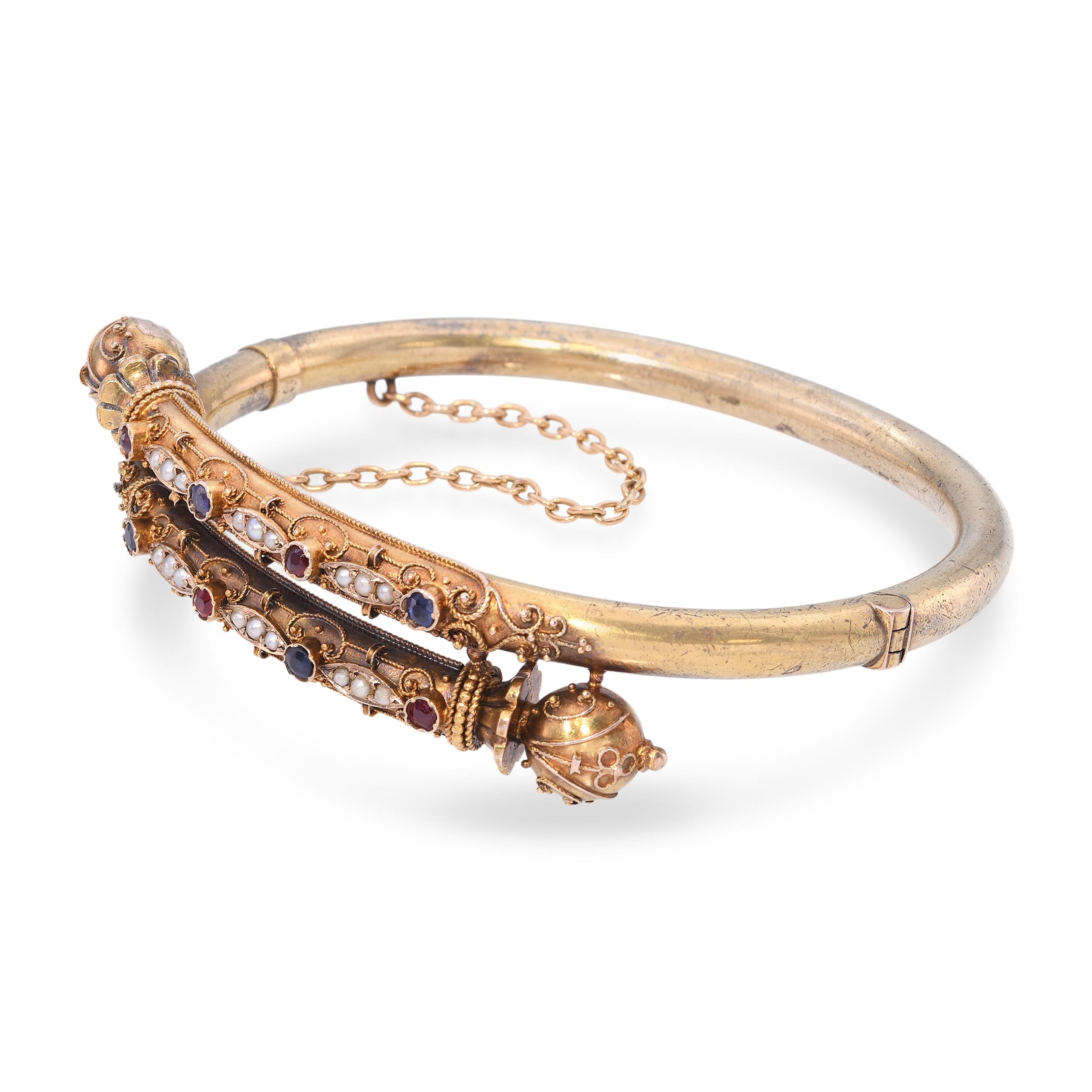 Etruscan Revival High Karat Yellow Gold Ruby & Sapphire and Pearl Bracelet