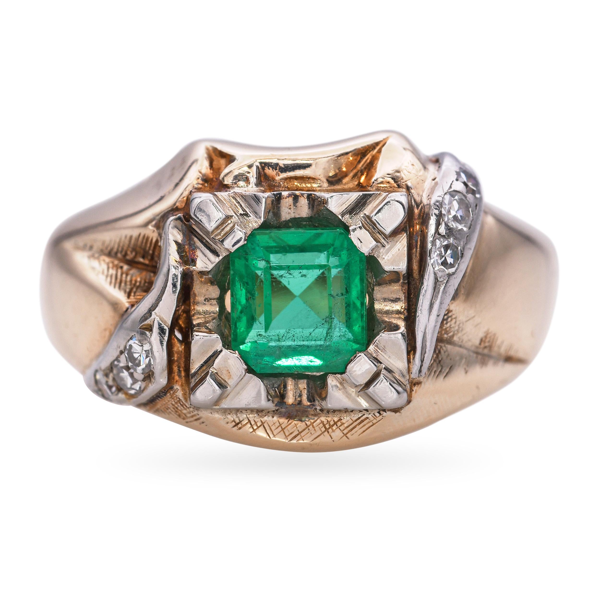 Vintage 14k Yellow Gold 0.68ct Emerald and Diamond Ring