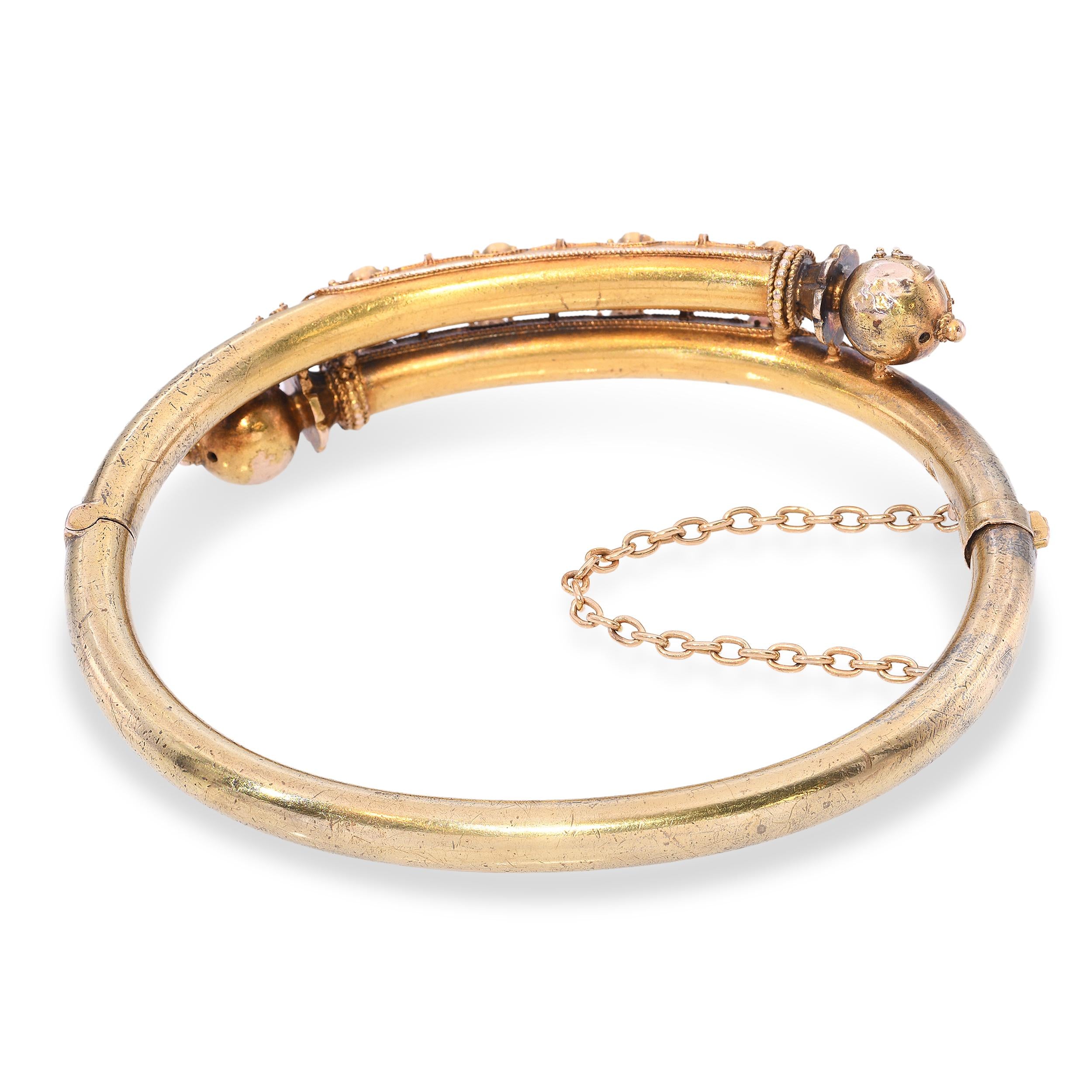 Etruscan Revival High Karat Yellow Gold Ruby & Sapphire and Pearl Bracelet
