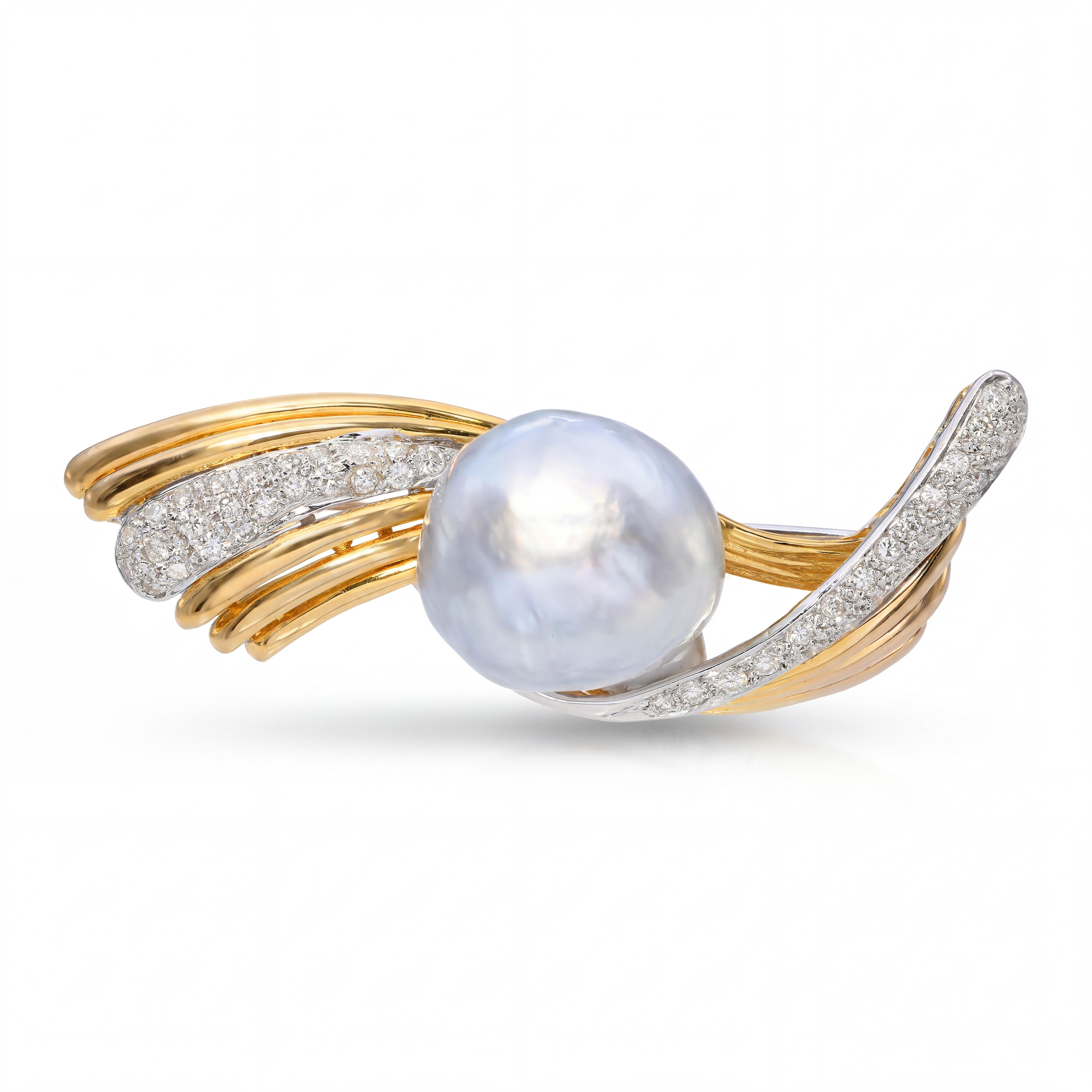 Vintage 18k Two Tone Gold South Sea Pearl and Diamond Brooch
