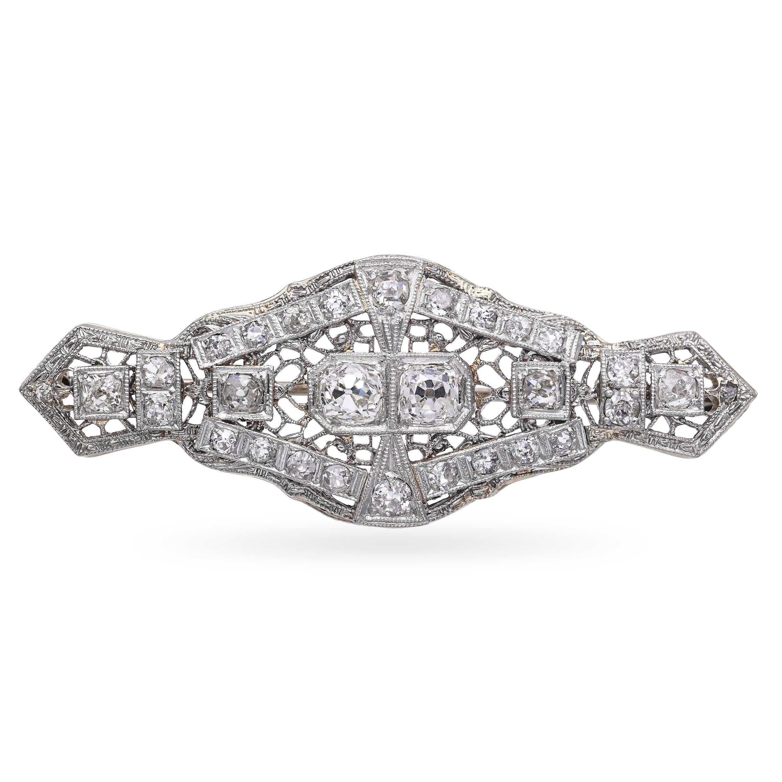 Antique 14k Yellow Gold and Platinum Old Euro Diamond Brooch