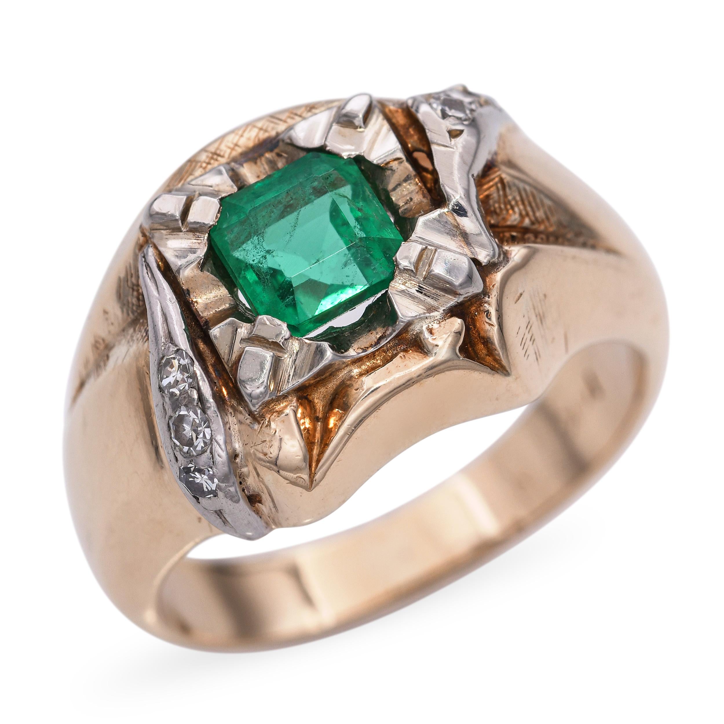 Vintage 14k Yellow Gold 0.68ct Emerald and Diamond Ring