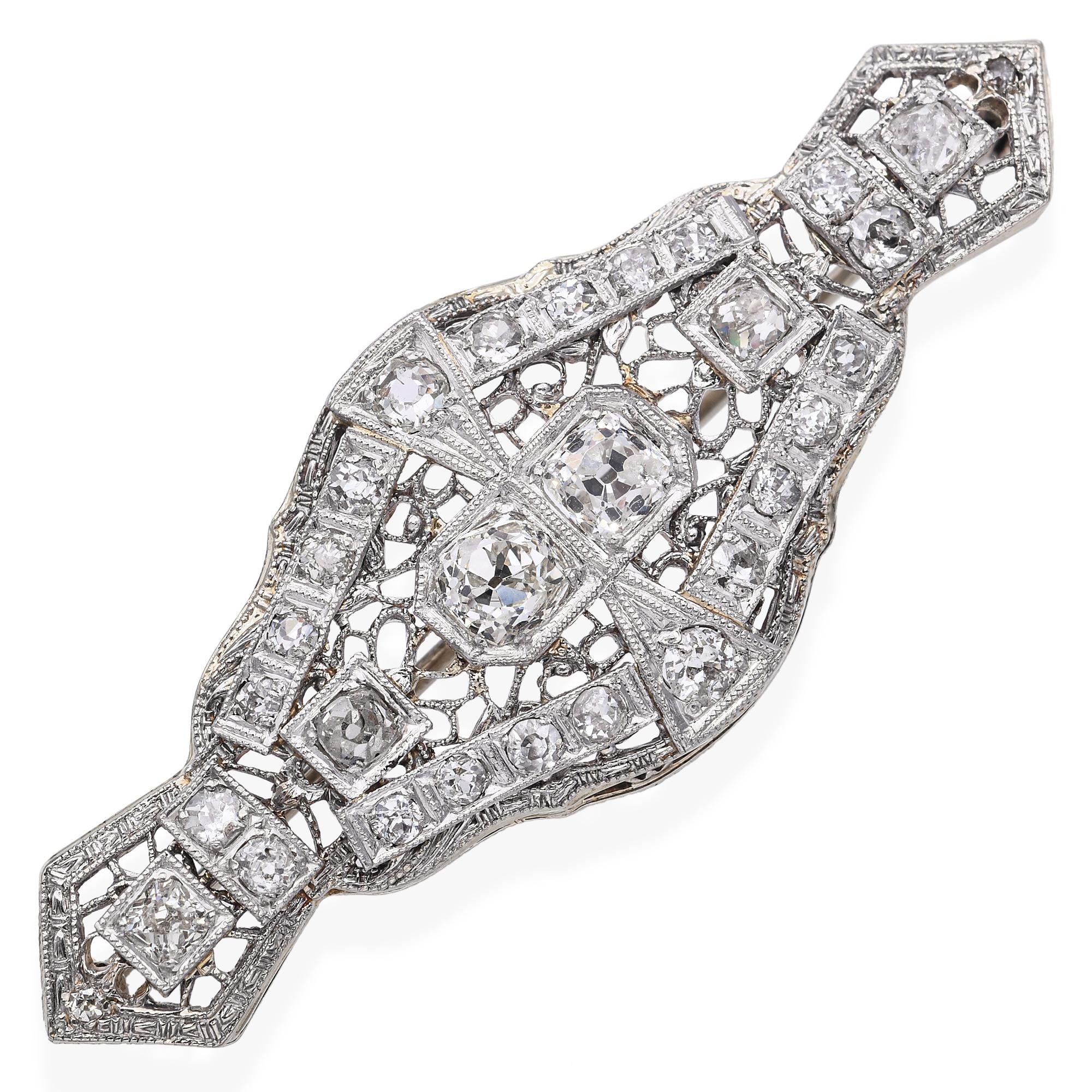 Antique 14k Yellow Gold and Platinum Old Euro Diamond Brooch