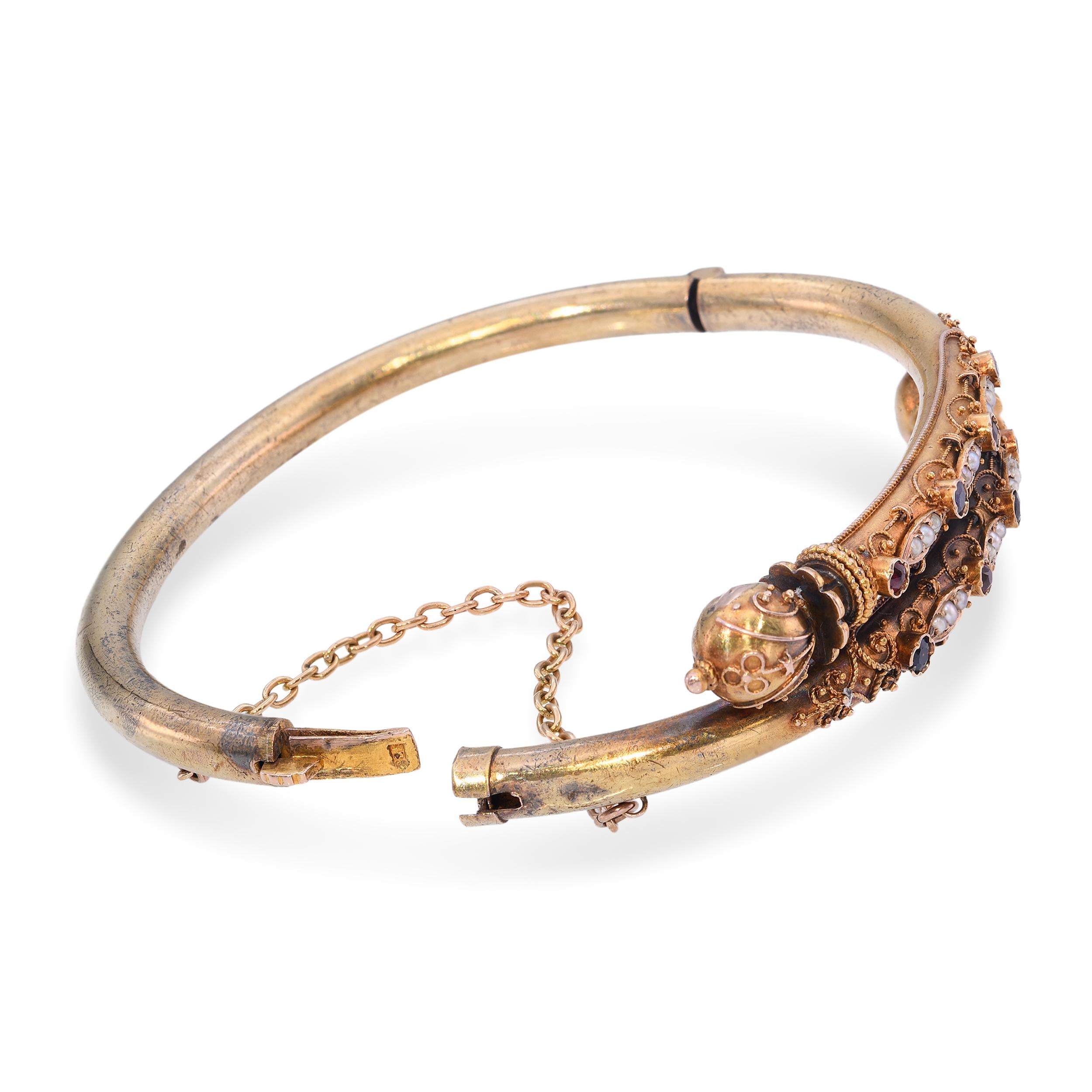 Etruscan Revival High Karat Yellow Gold Ruby & Sapphire and Pearl Bracelet