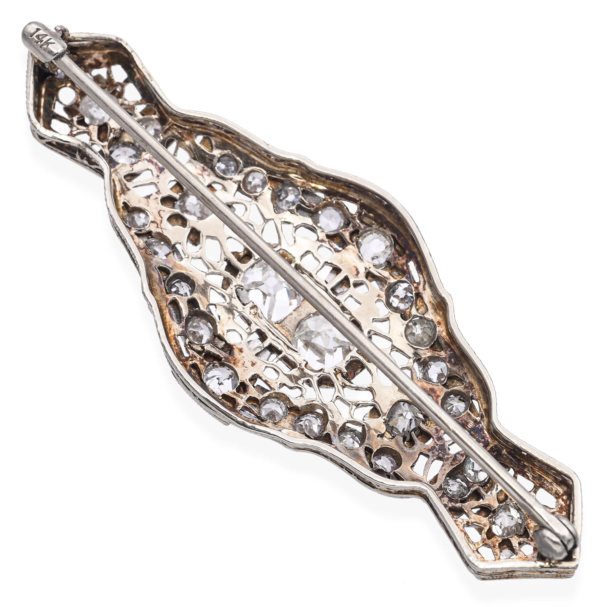 Antique 14k Yellow Gold and Platinum Old Euro Diamond Brooch