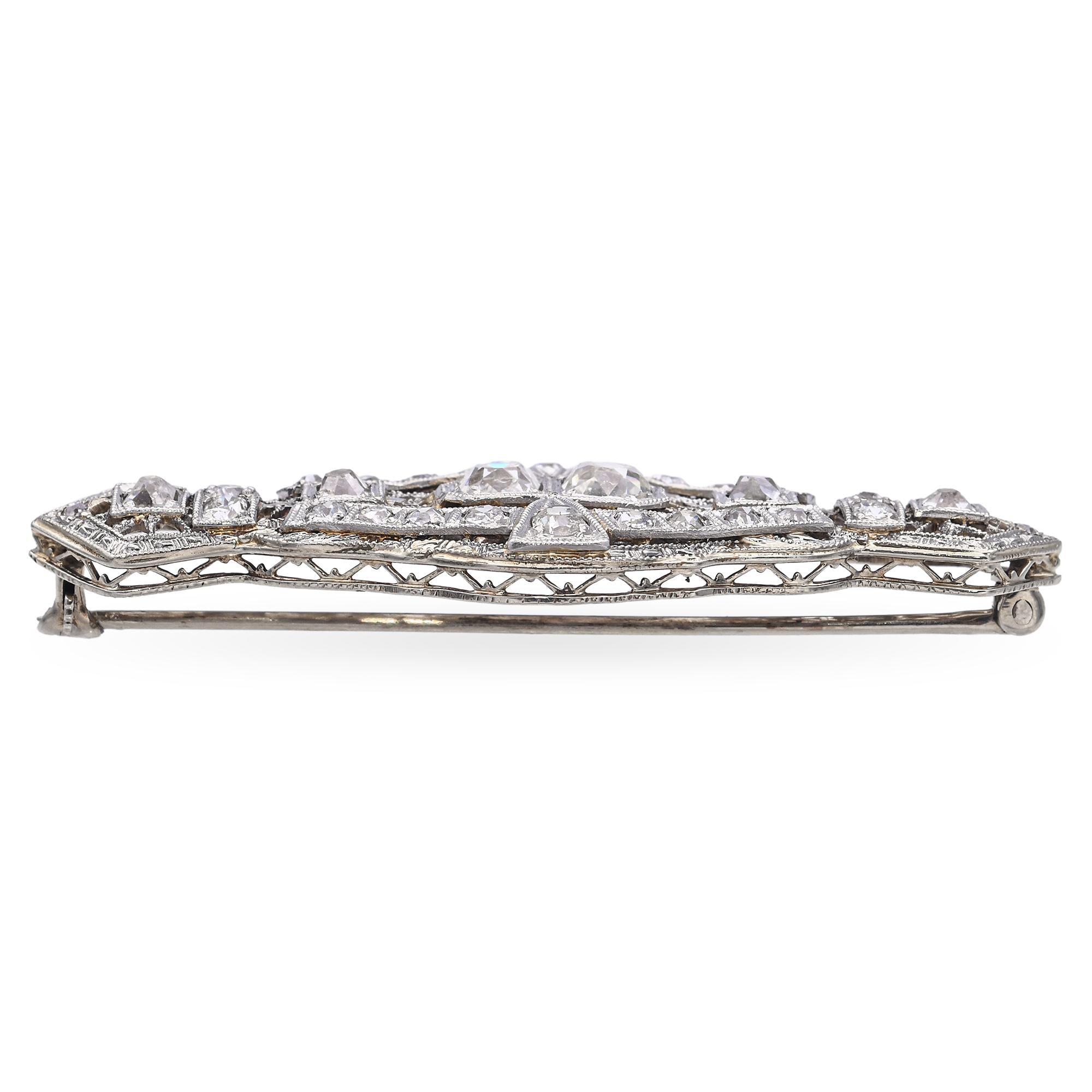 Antique 14k Yellow Gold and Platinum Old Euro Diamond Brooch