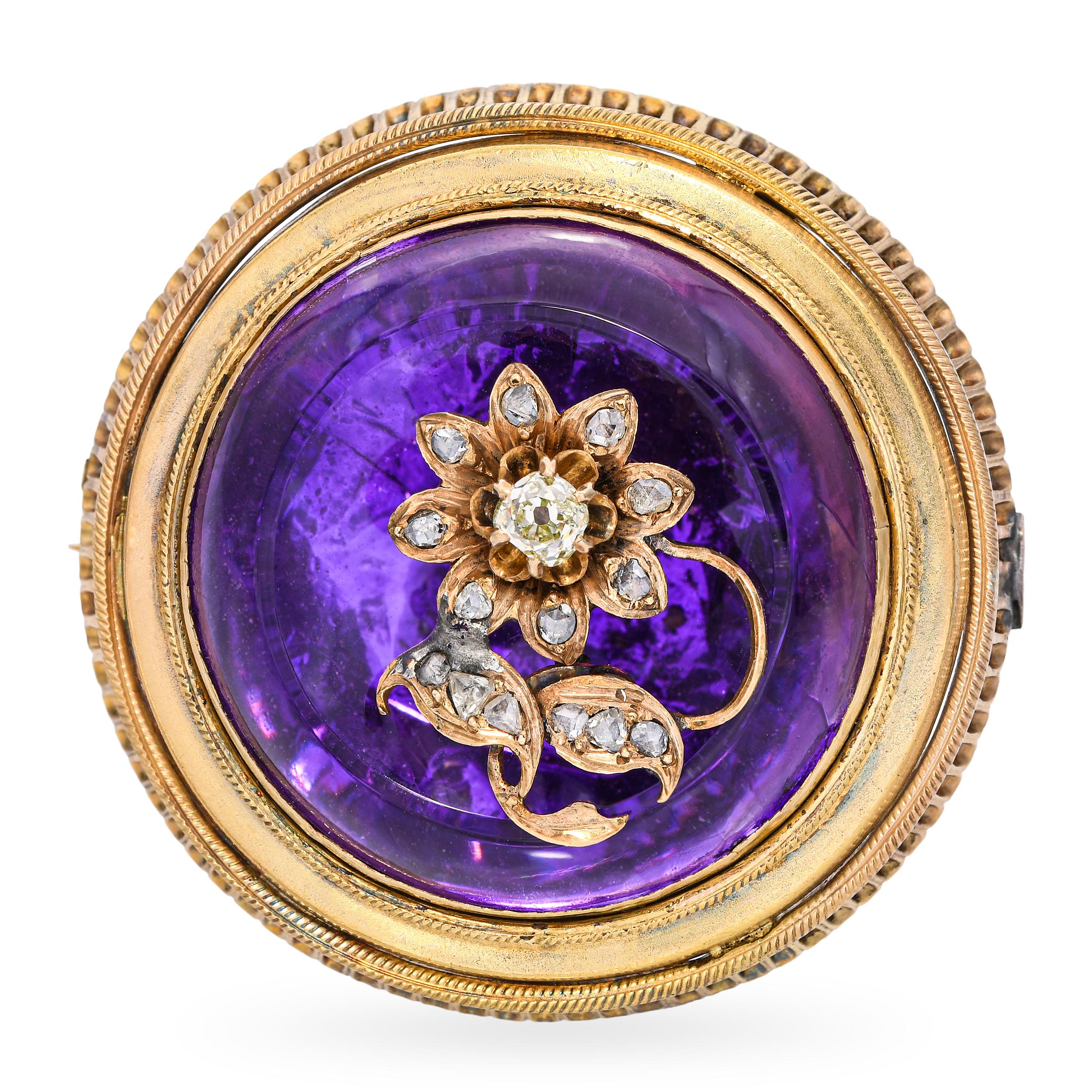 Antique Victorian 18k Yellow Gold Foil Backed Amethyst and Diamond Flower Brooch