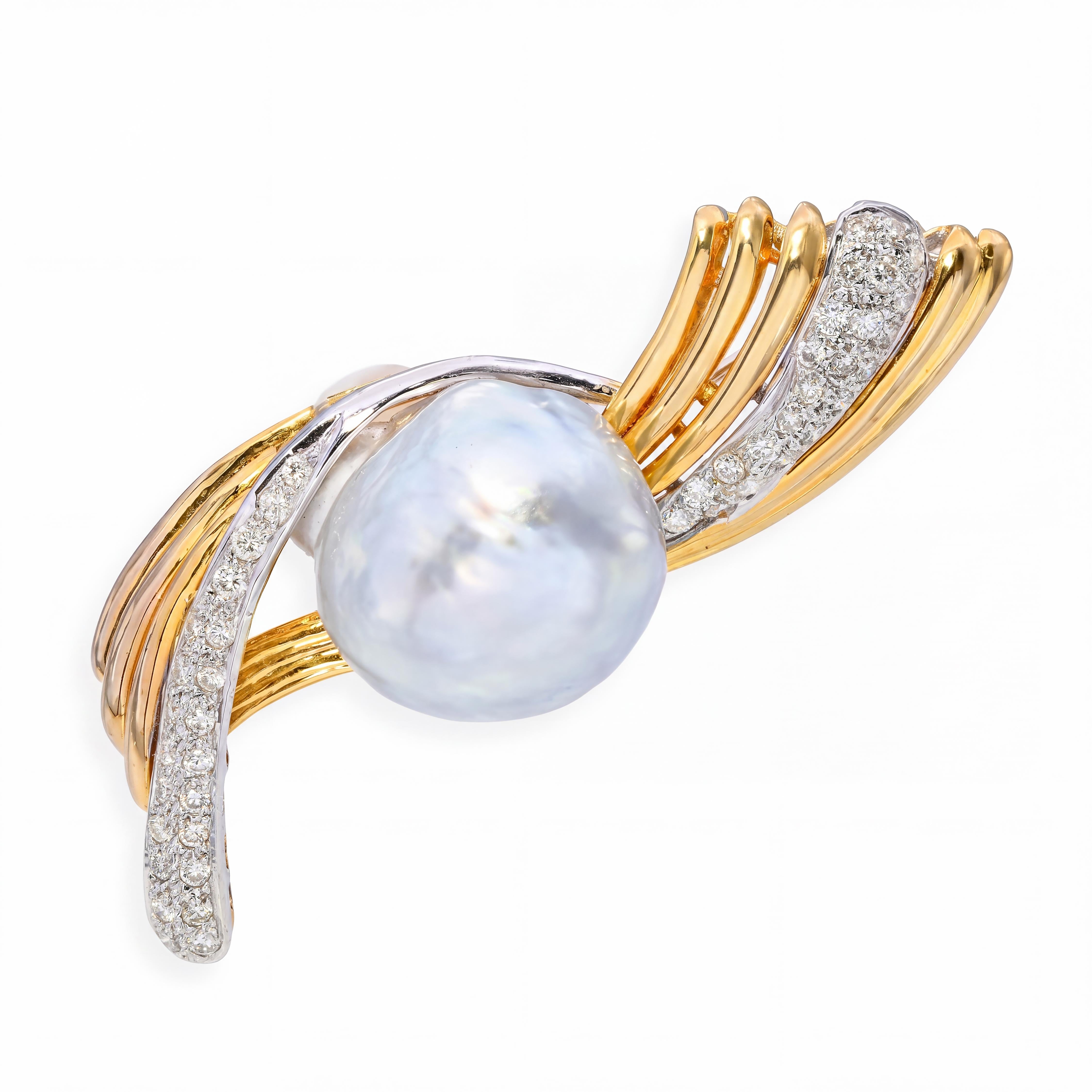 Vintage 18k Two Tone Gold South Sea Pearl and Diamond Brooch