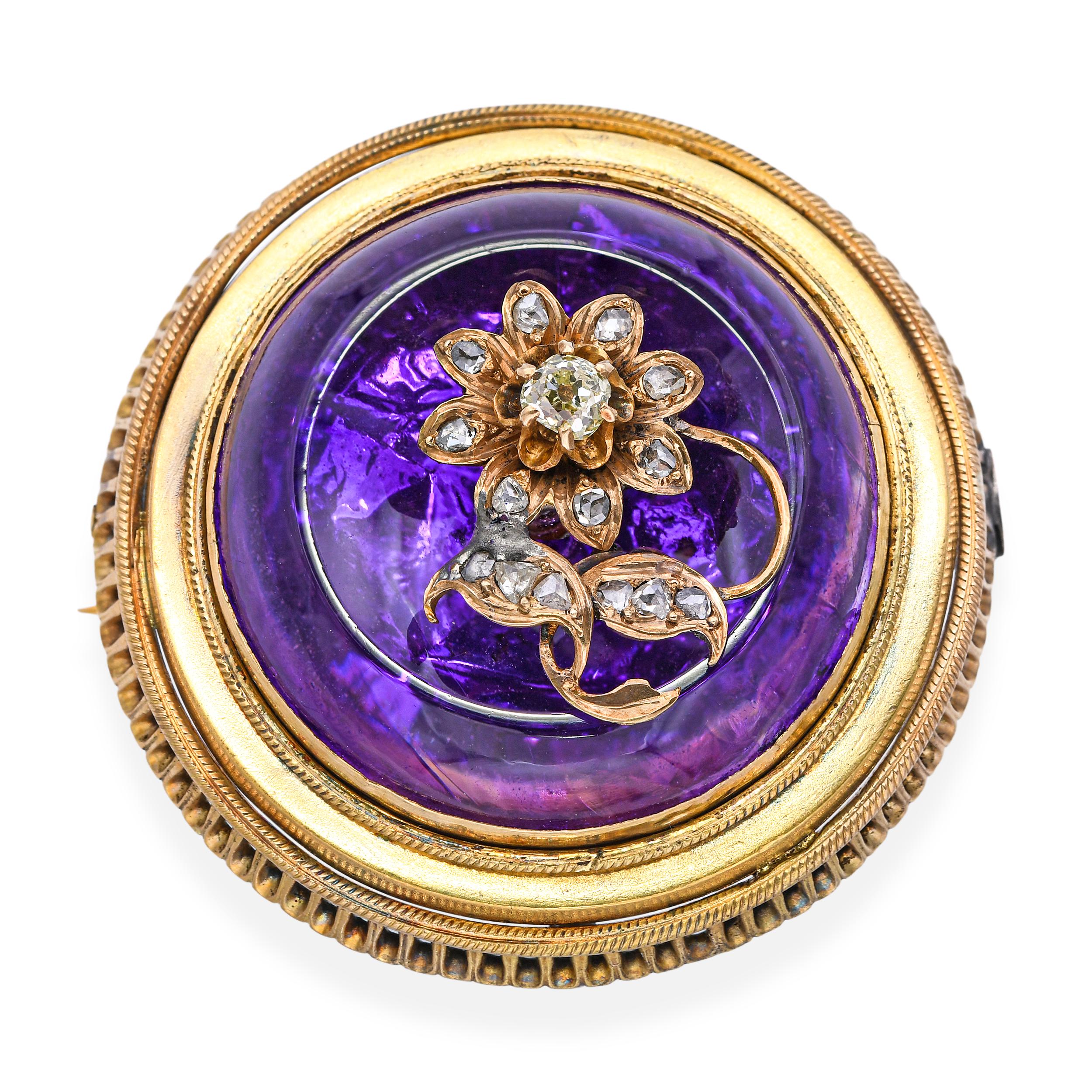 Antique Victorian 18k Yellow Gold Foil Backed Amethyst and Diamond Flower Brooch