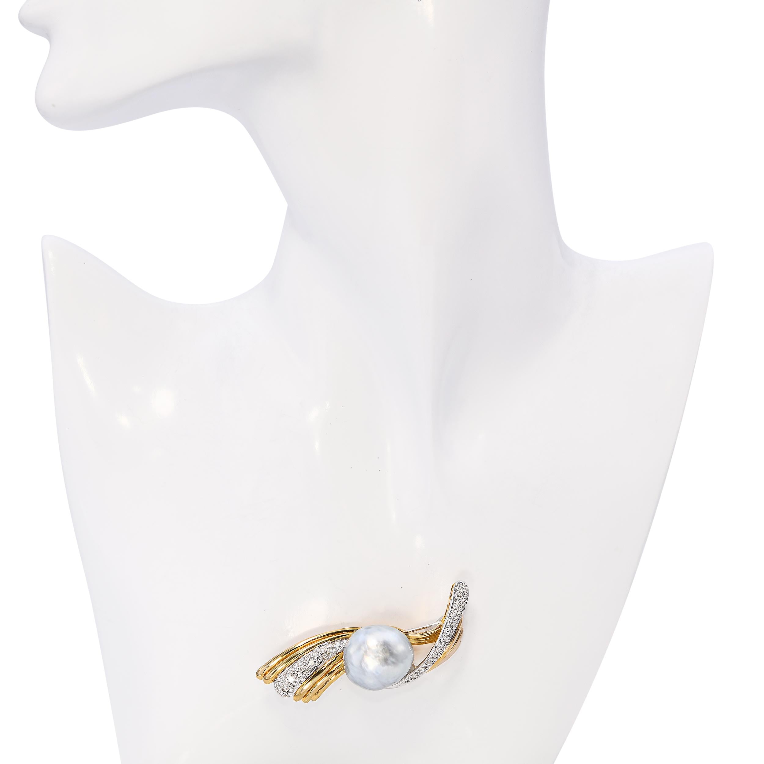 Vintage 18k Two Tone Gold South Sea Pearl and Diamond Brooch