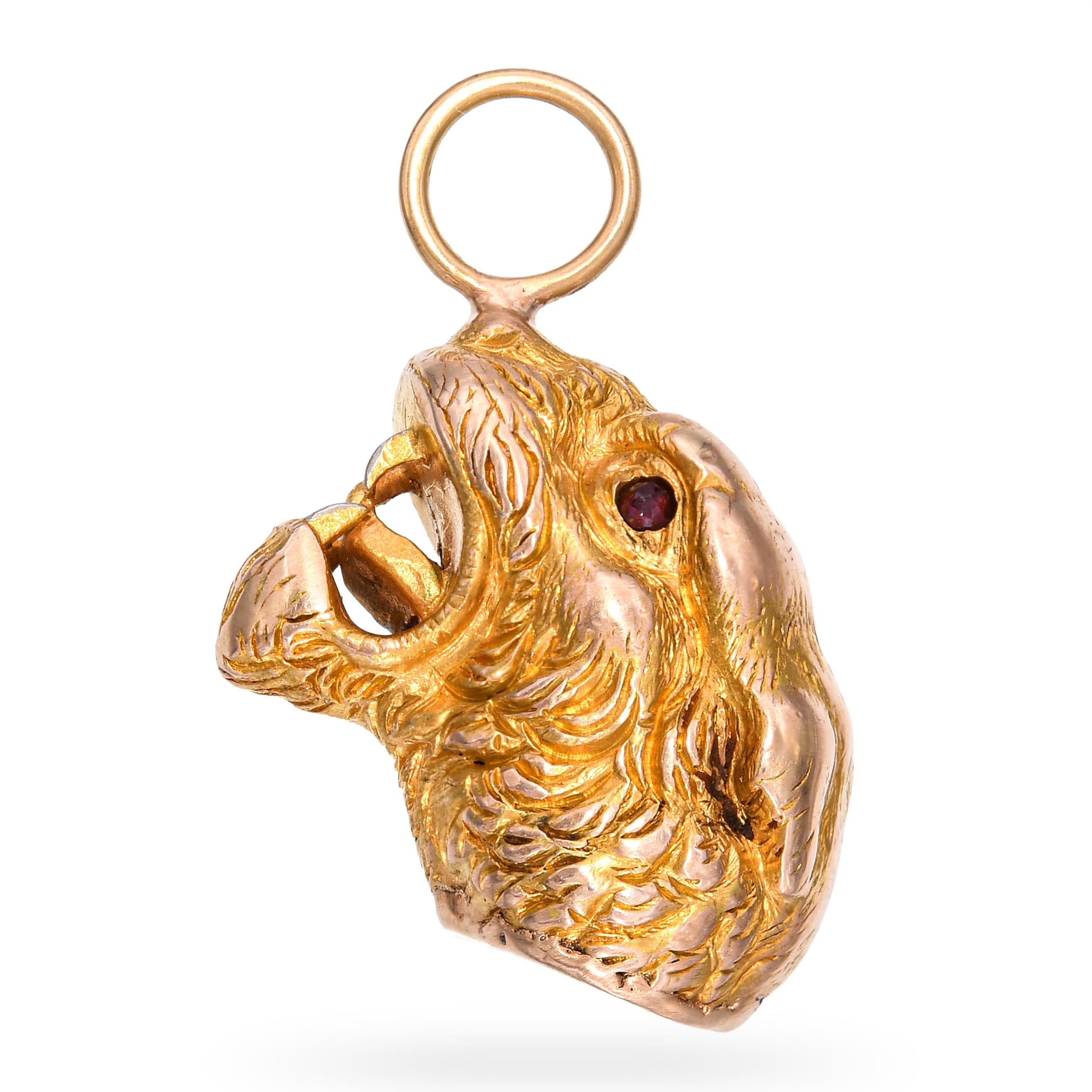 Antique Victorian 17k Yellow Gold Sculptural Carved Tiger’s Head Pendant