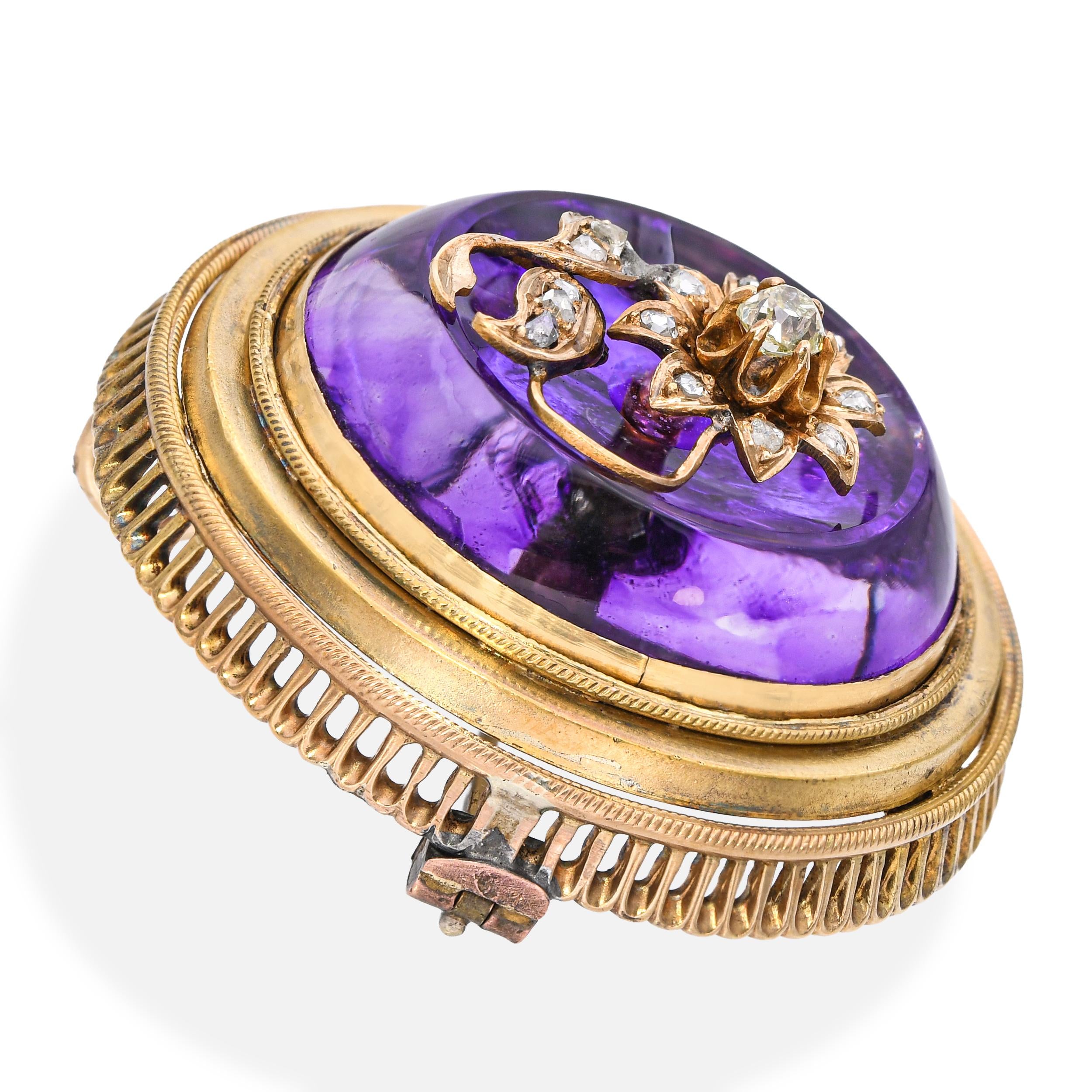 Antique Victorian 18k Yellow Gold Foil Backed Amethyst and Diamond Flower Brooch