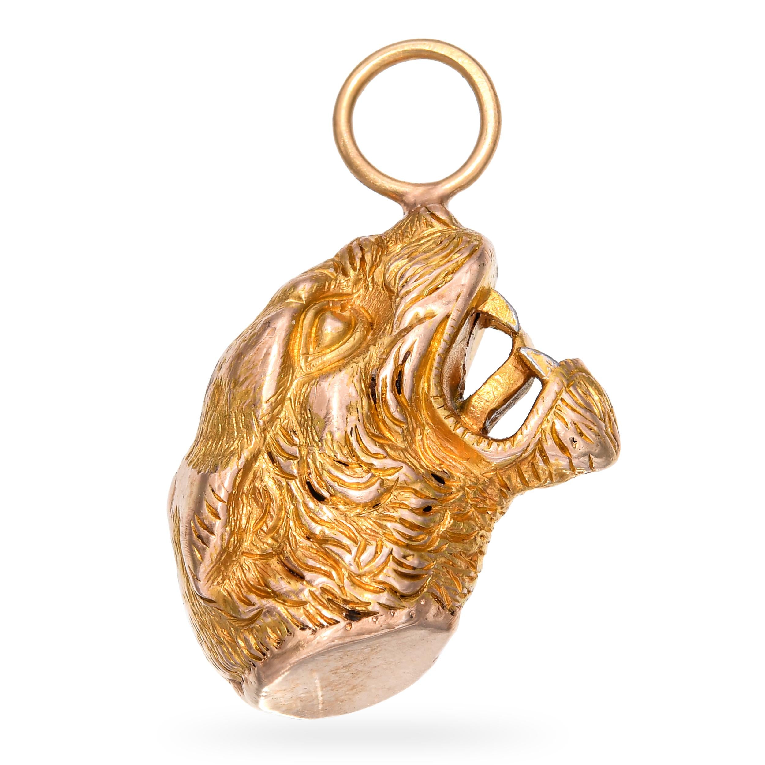 Antique Victorian 17k Yellow Gold Sculptural Carved Tiger’s Head Pendant