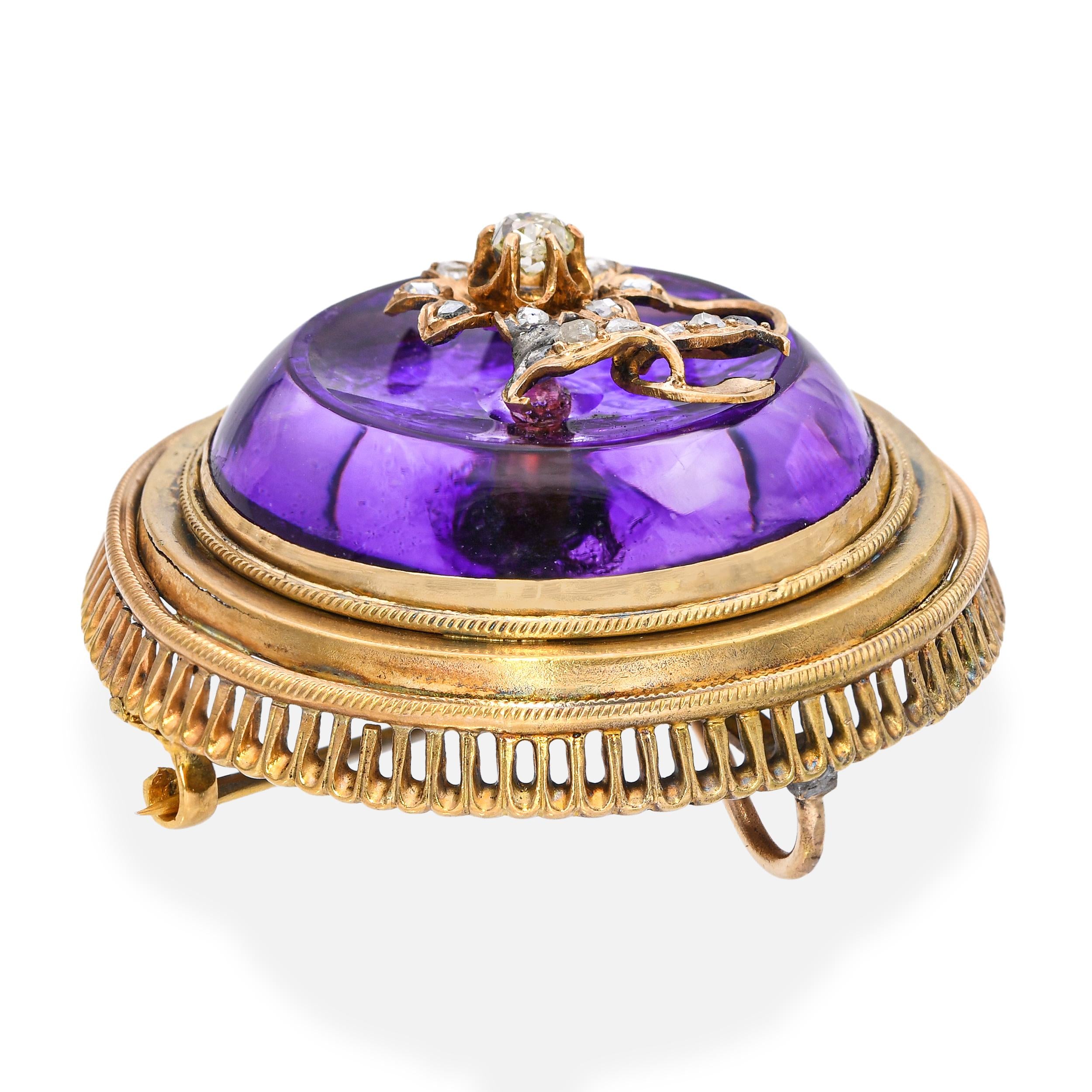 Antique Victorian 18k Yellow Gold Foil Backed Amethyst and Diamond Flower Brooch