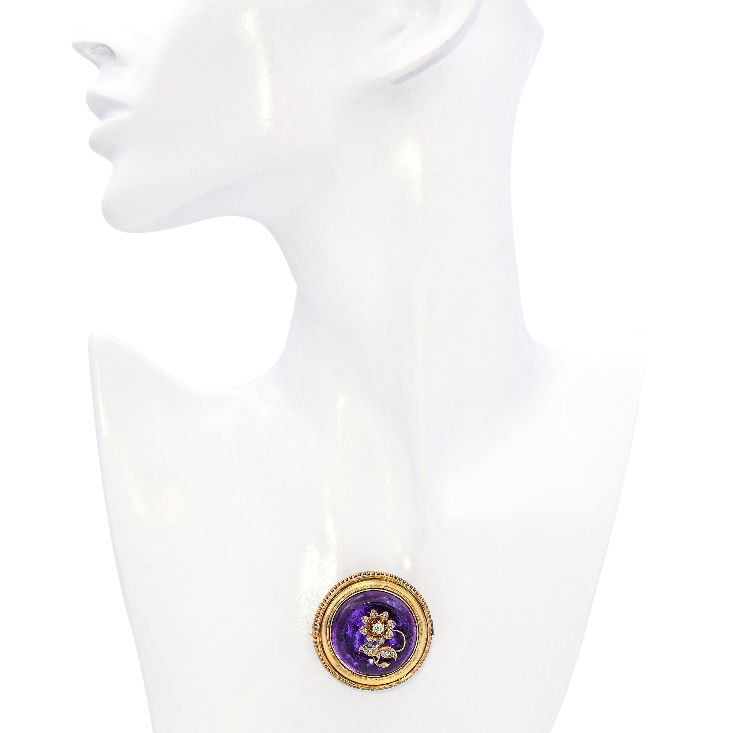 Antique Victorian 18k Yellow Gold Foil Backed Amethyst and Diamond Flower Brooch