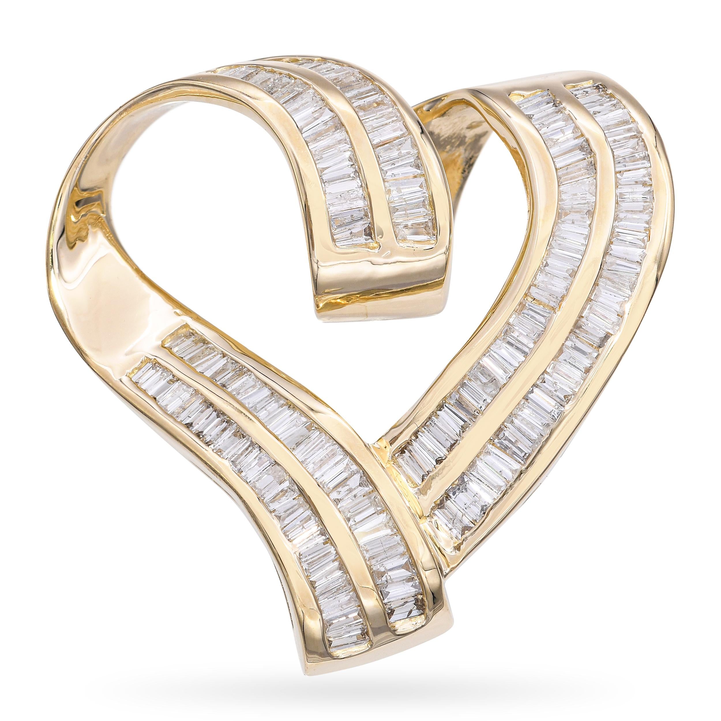 Vintage 14k Yellow Gold Channel Set Baguette Diamond Heart Pendant