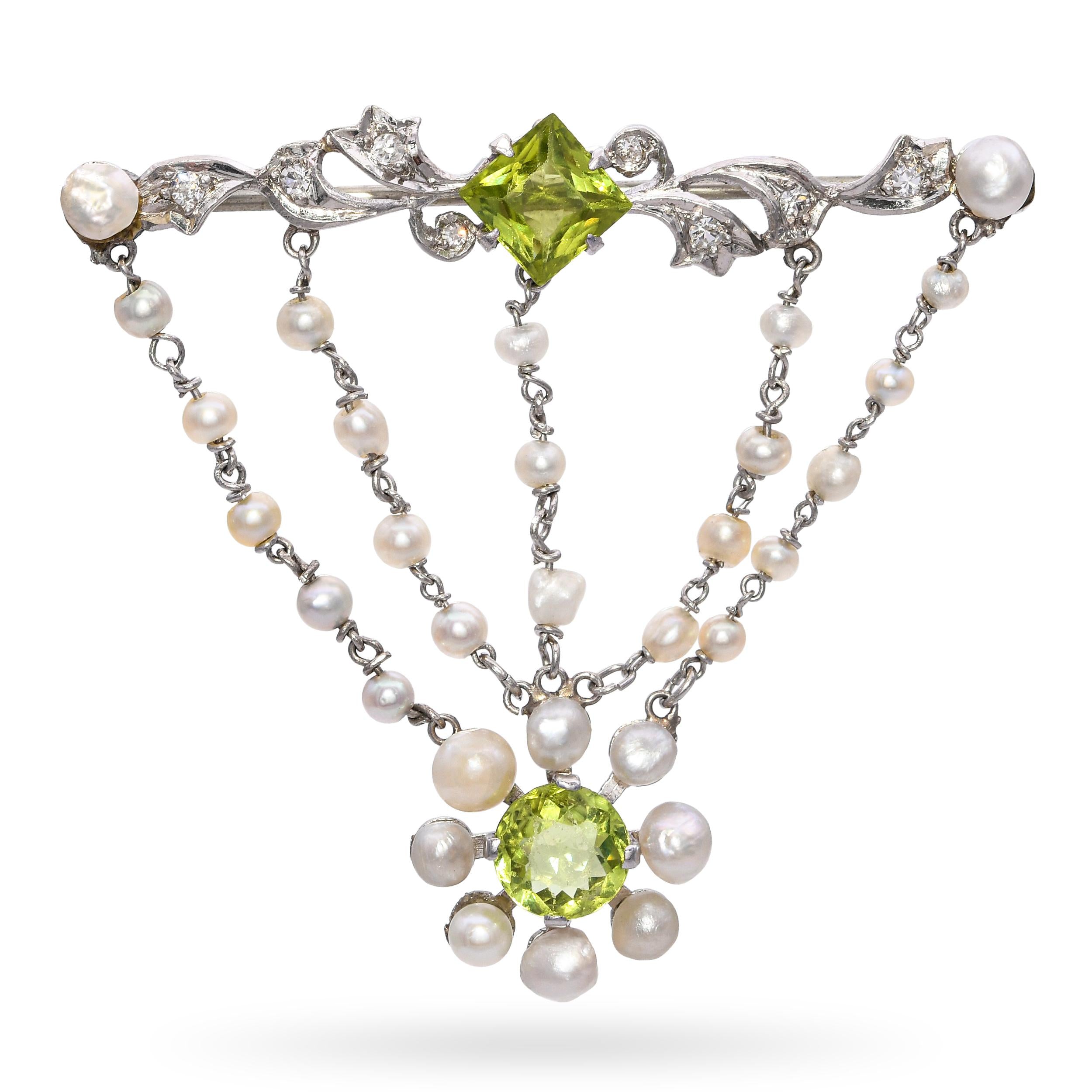 Antique Edwardian Platinum Peridot and Pearl Swag Brooch