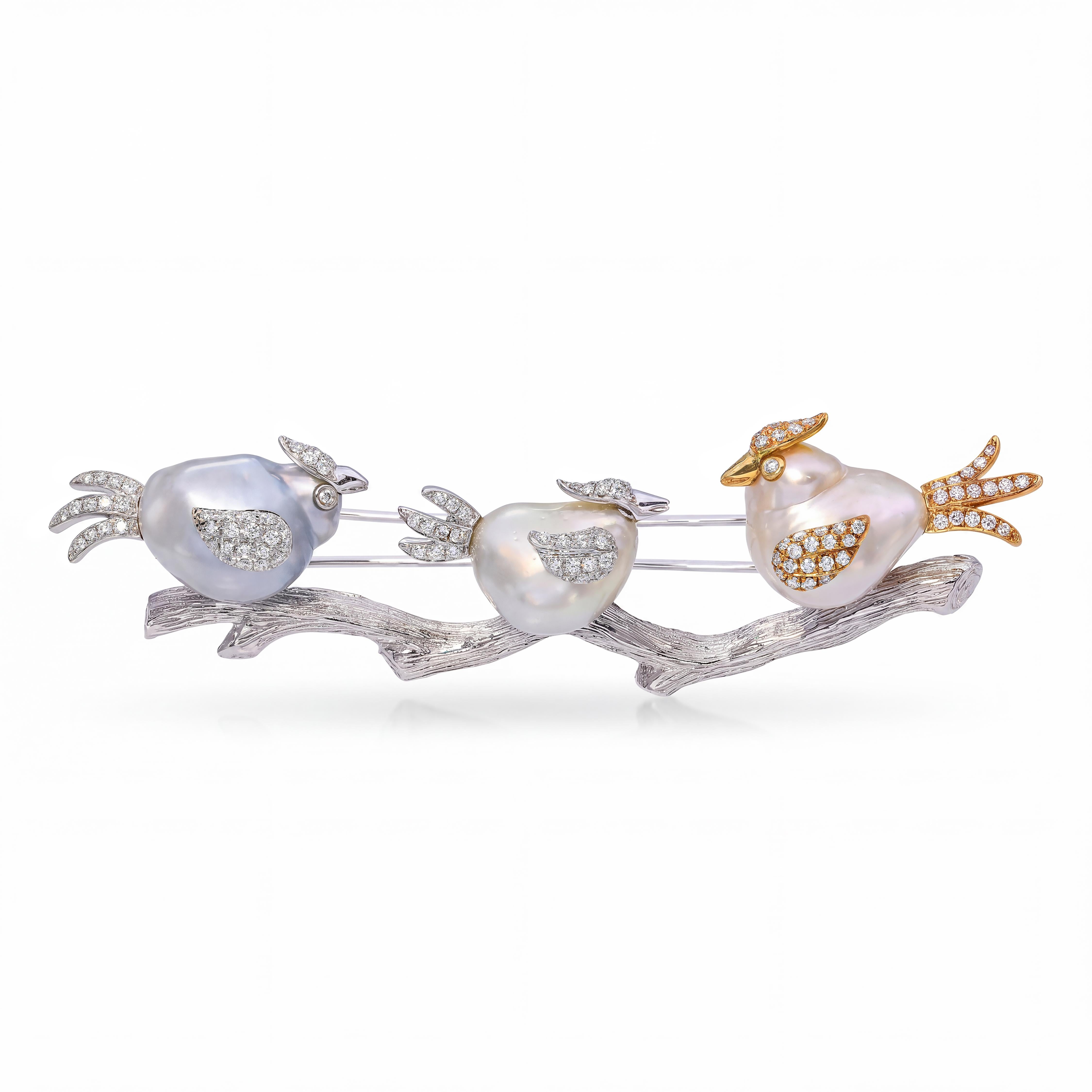 Pevtra 18k Two Tone Gold Pearl and Diamond "Birds on a Branch" Brooch