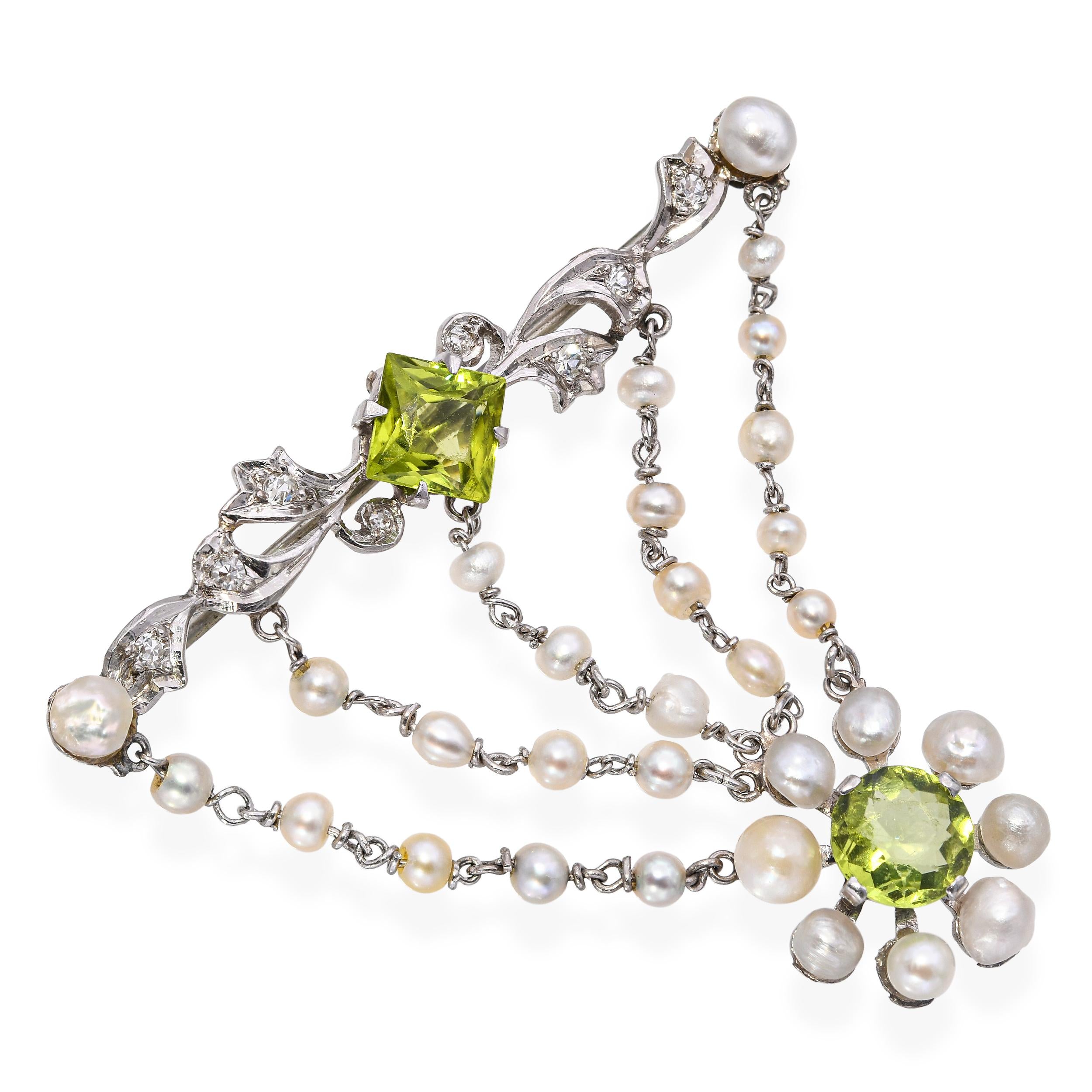 Antique Edwardian Platinum Peridot and Pearl Swag Brooch