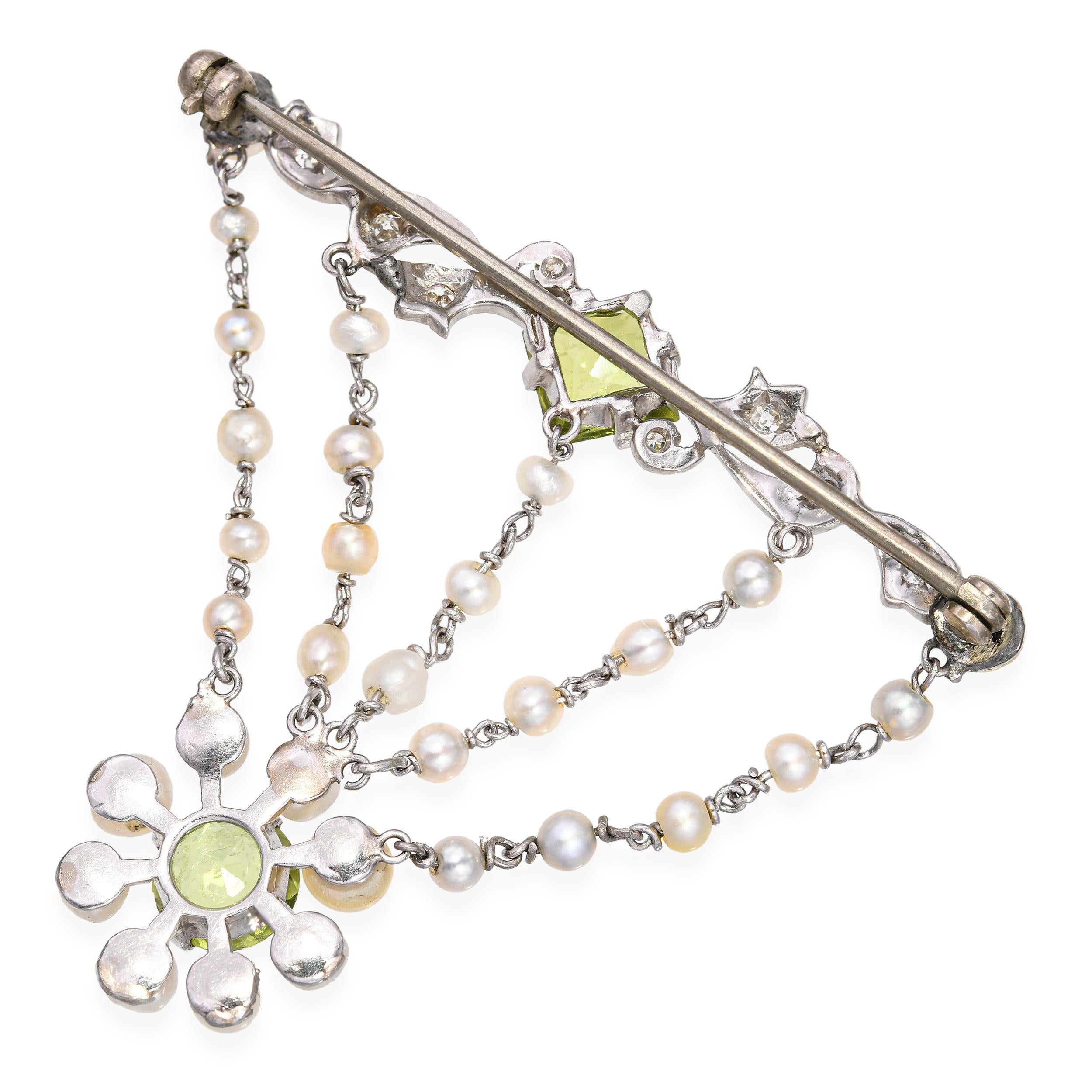 Antique Edwardian Platinum Peridot and Pearl Swag Brooch
