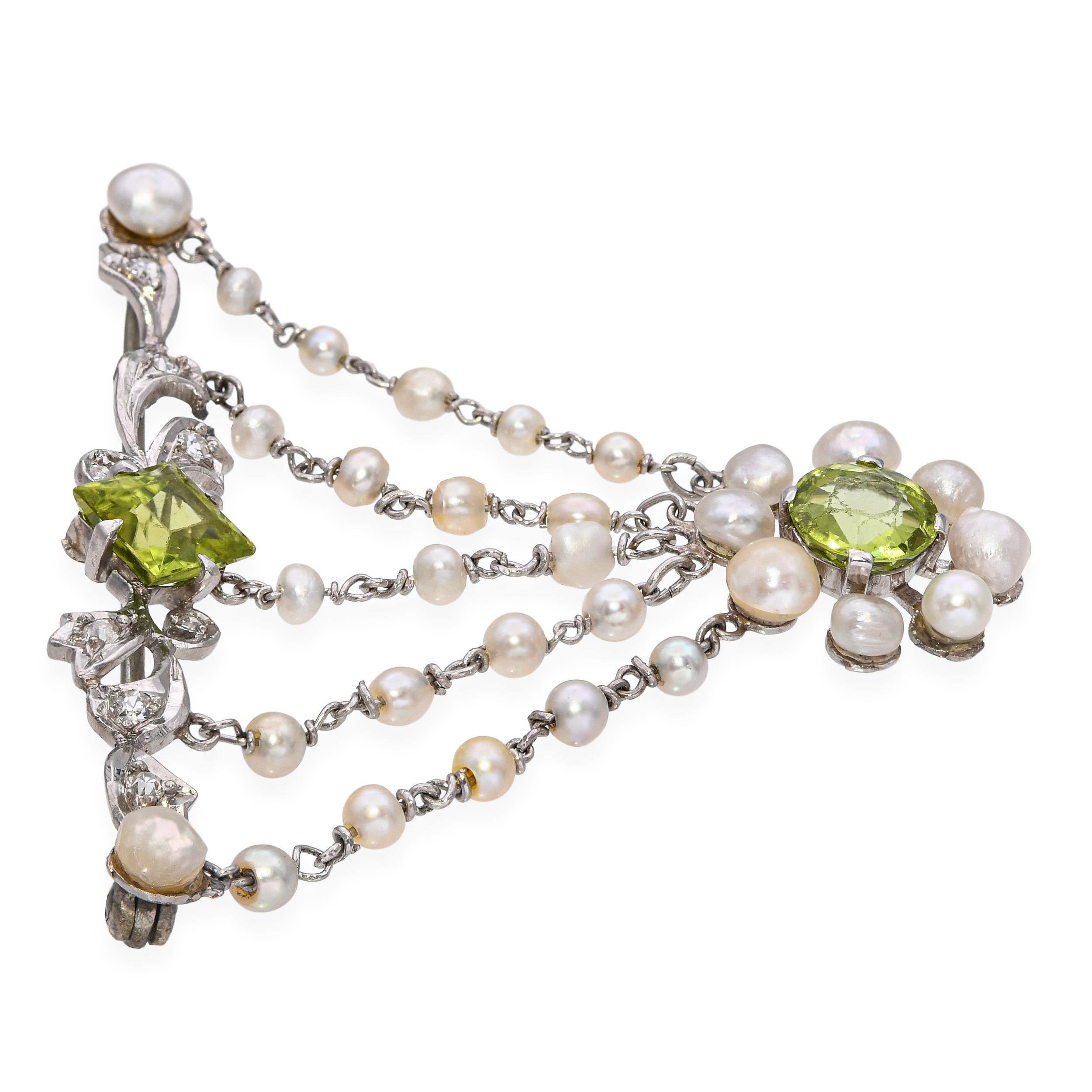 Antique Edwardian Platinum Peridot and Pearl Swag Brooch
