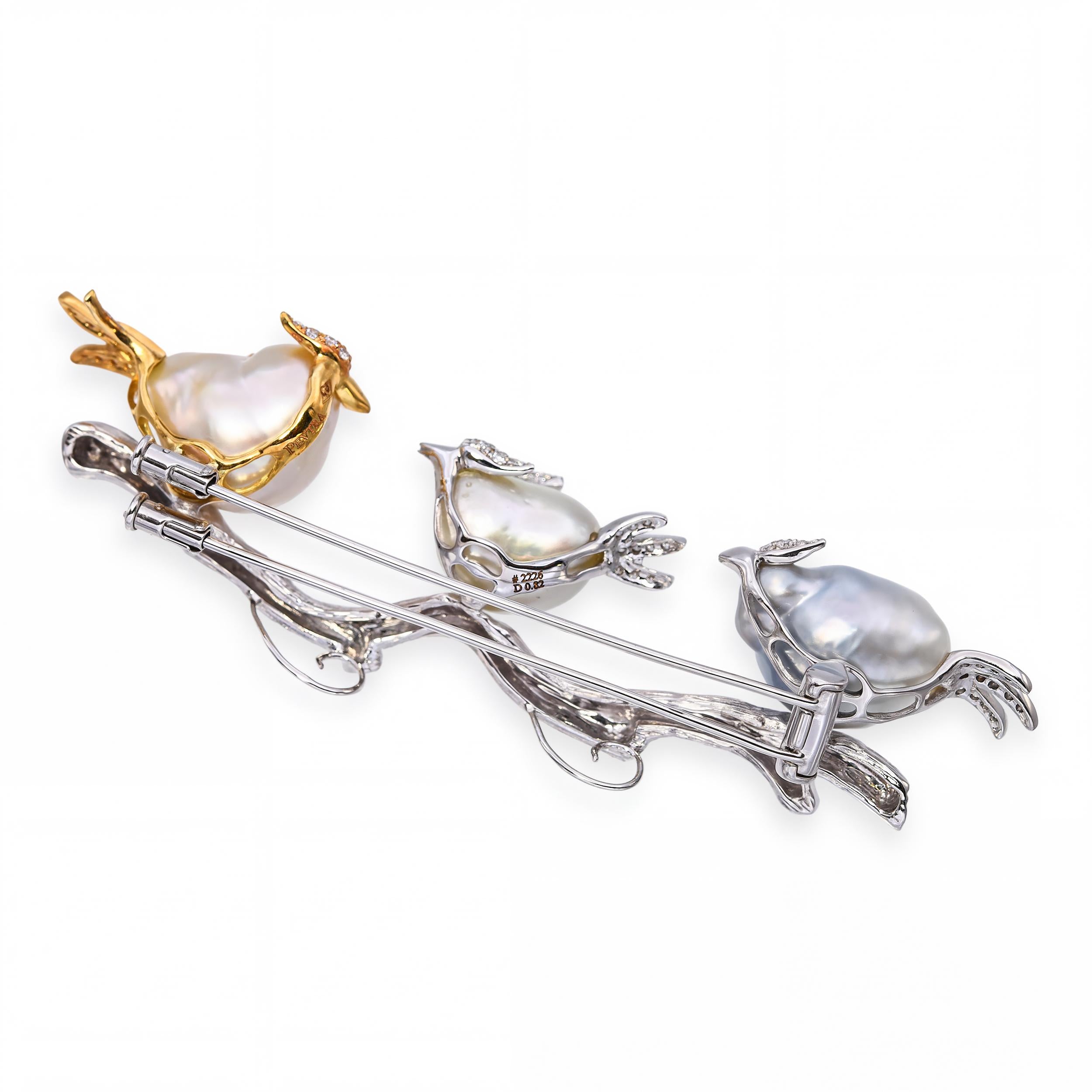 Pevtra 18k Two Tone Gold Pearl and Diamond "Birds on a Branch" Brooch