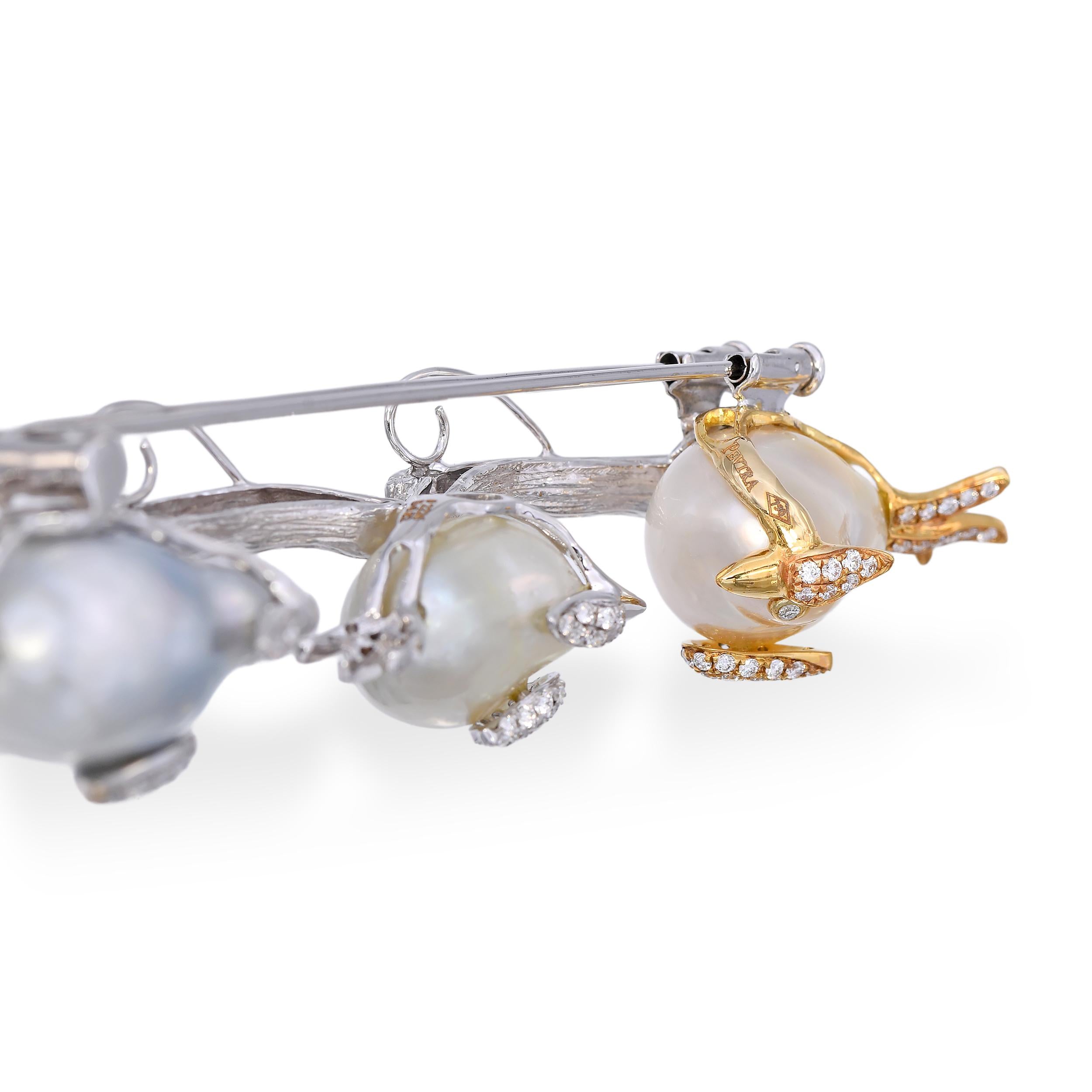 Pevtra 18k Two Tone Gold Pearl and Diamond "Birds on a Branch" Brooch