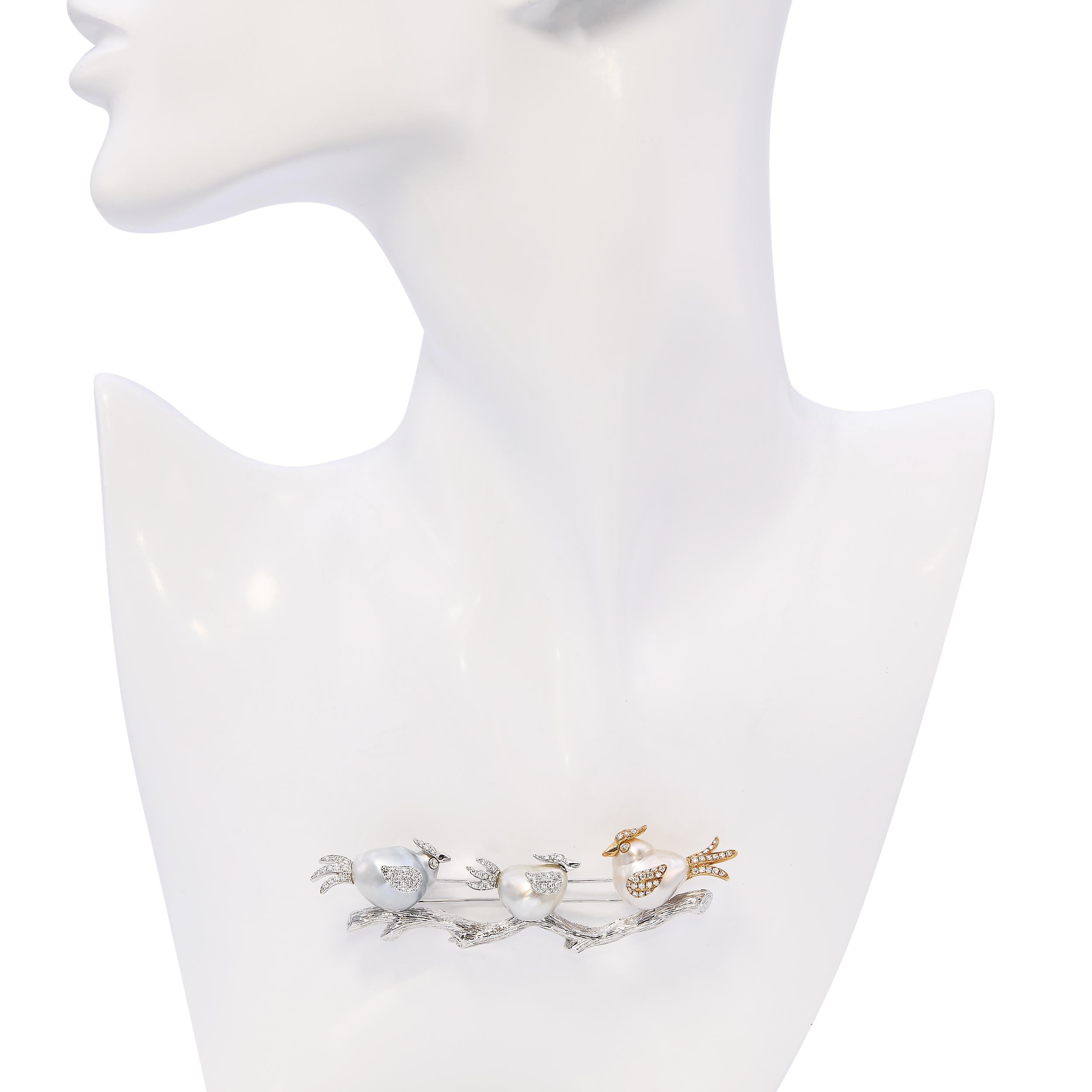 Pevtra 18k Two Tone Gold Pearl and Diamond "Birds on a Branch" Brooch