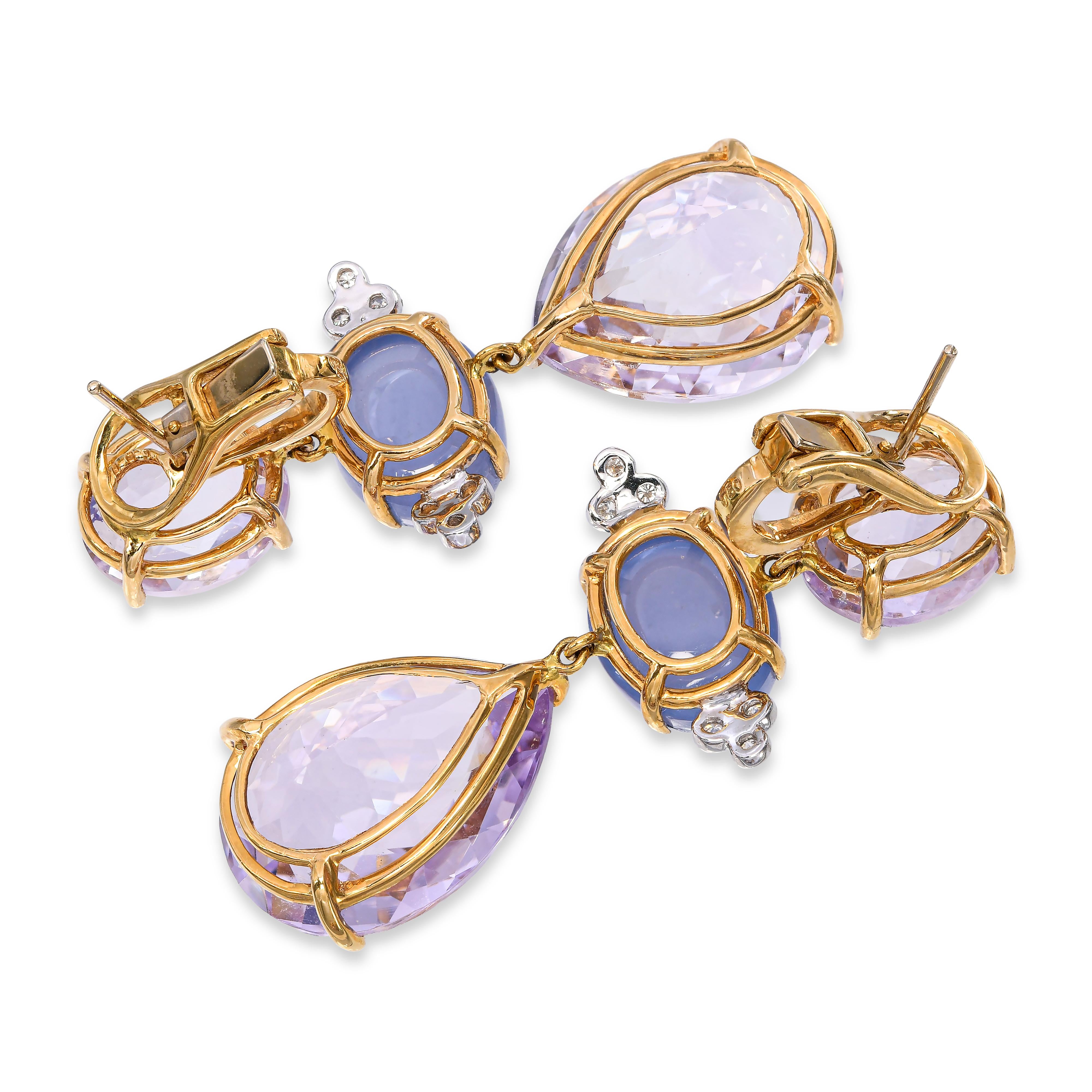 Vintage 18k Yellow Gold Lavender Amethyst Iolite and Diamond Drop Earrings