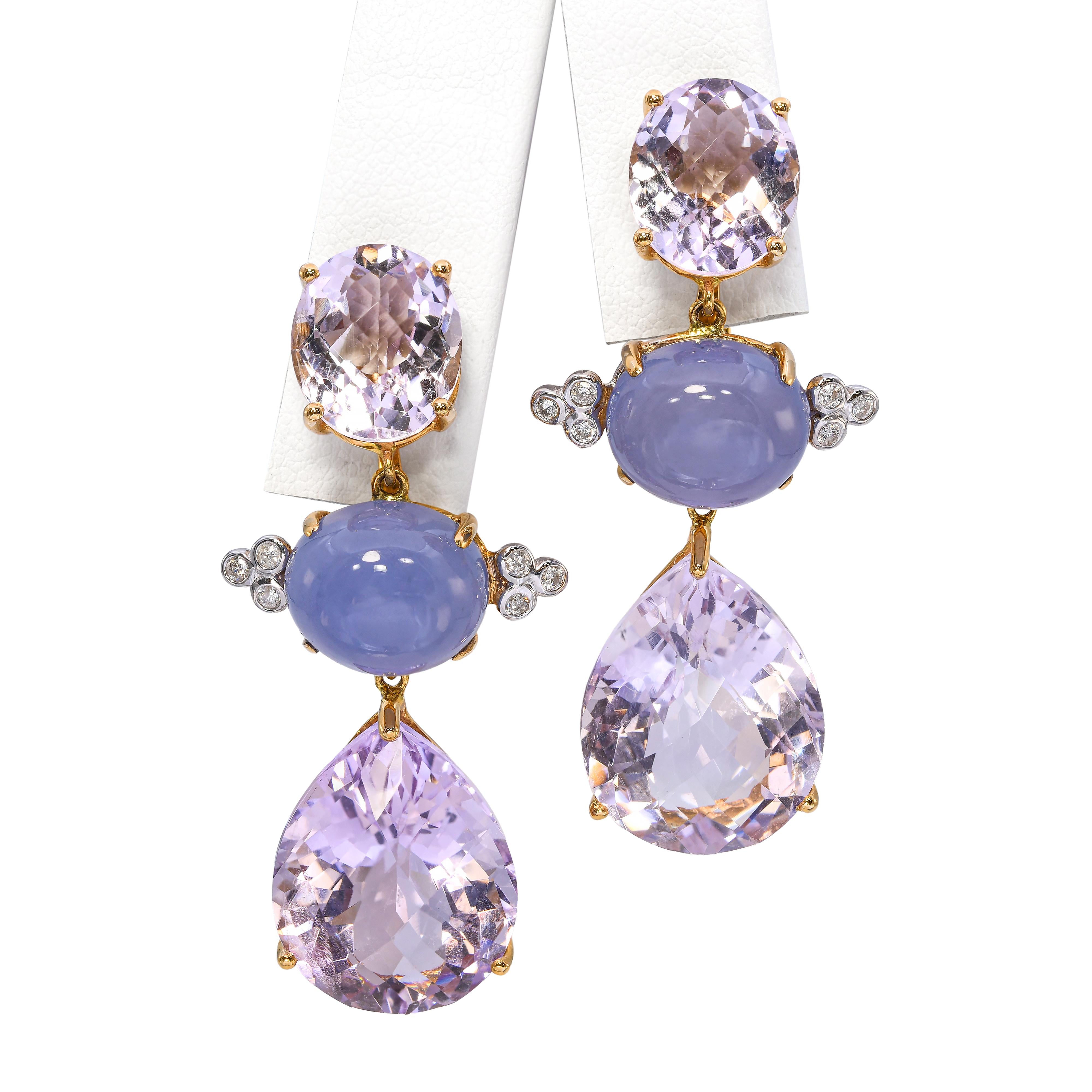 Vintage 18k Yellow Gold Lavender Amethyst Iolite and Diamond Drop Earrings