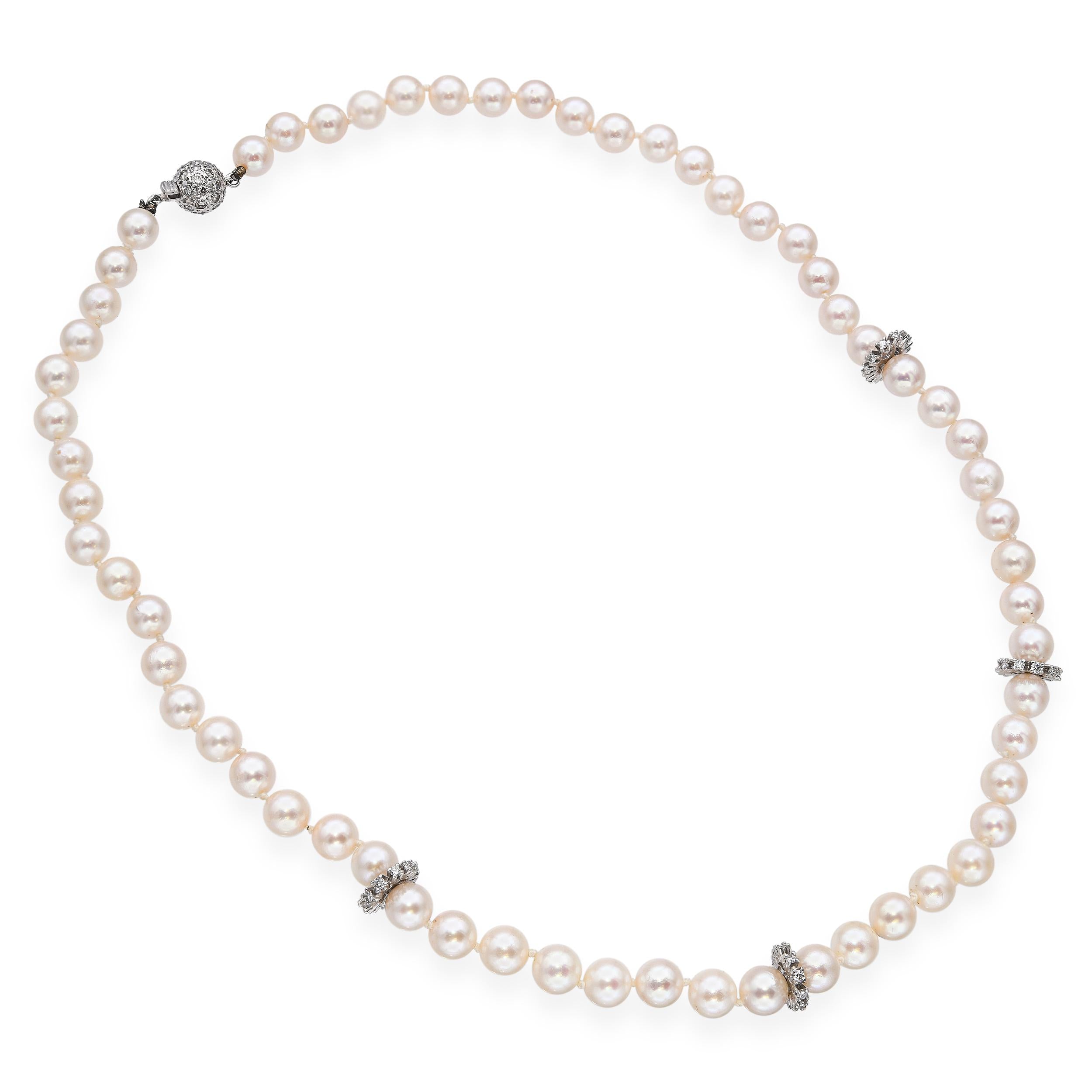 Vintage 14k White Gold 1.50tcw Diamond Clasp Akoya Pearl Strand Necklace