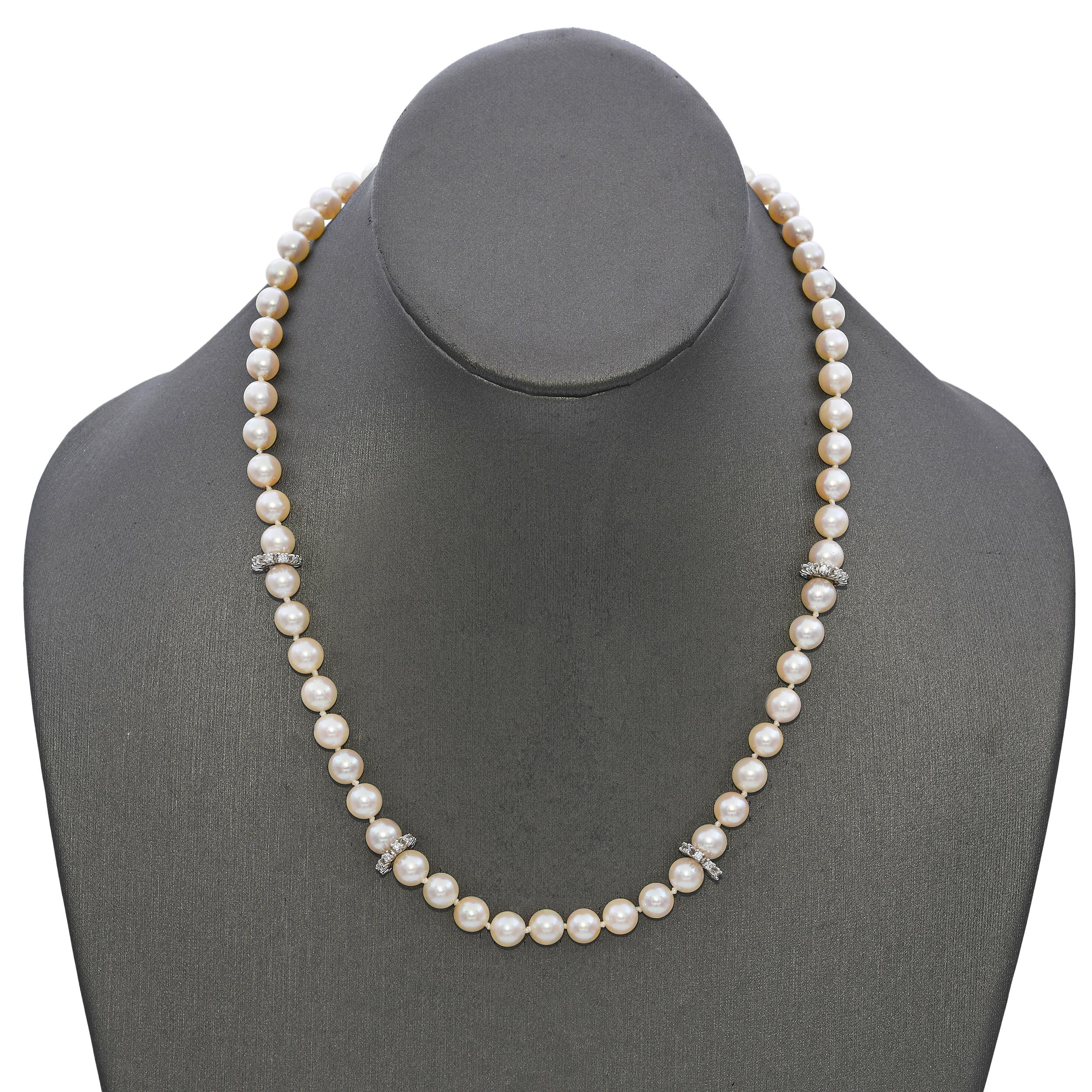 Vintage 14k White Gold 1.50tcw Diamond Clasp Akoya Pearl Strand Necklace