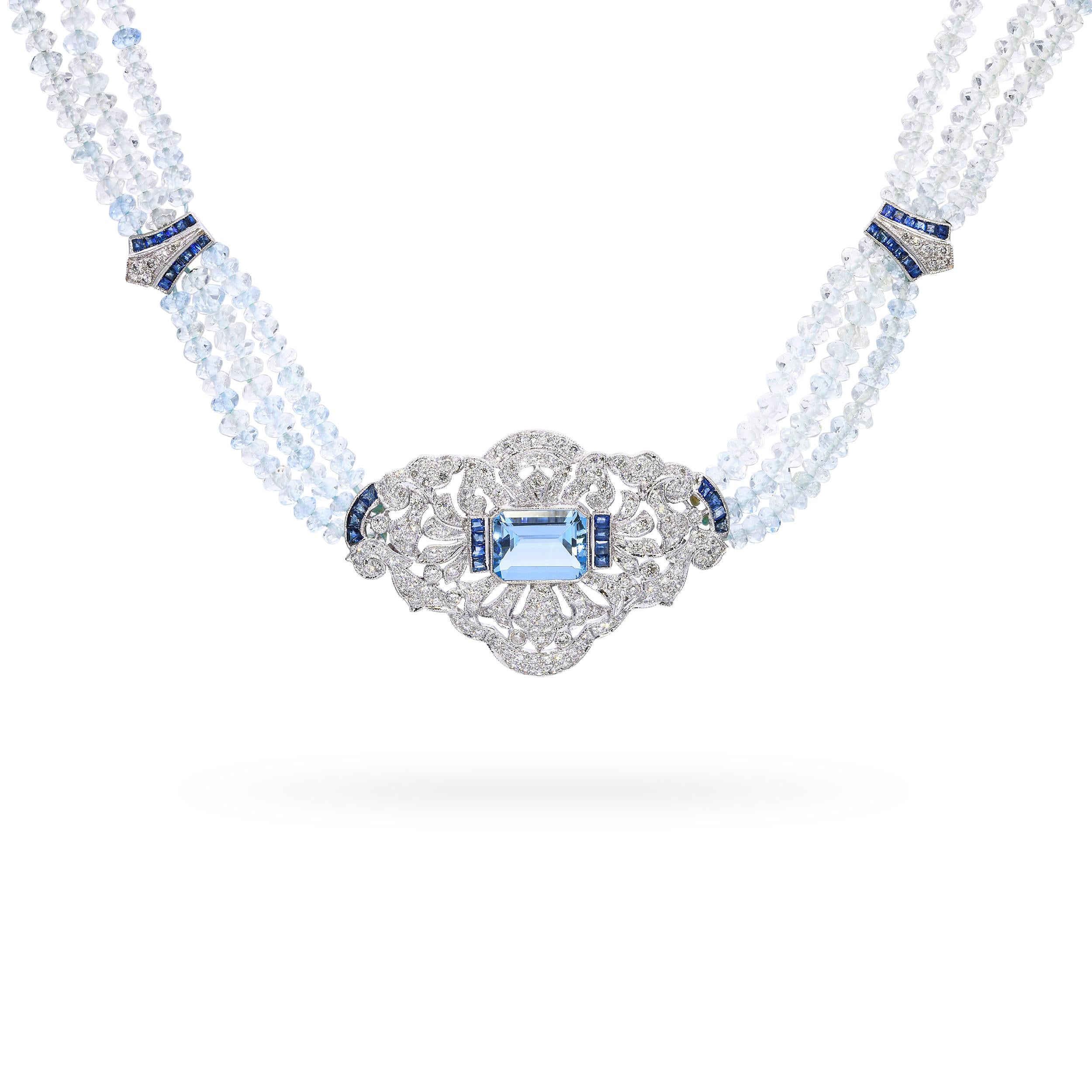 Vintage White Gold Aquamarine Diamond & Sapphire Beaded Necklace