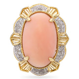 Vintage 16k Yellow Gold Angel Skin Coral and Diamond Cocktail Ring