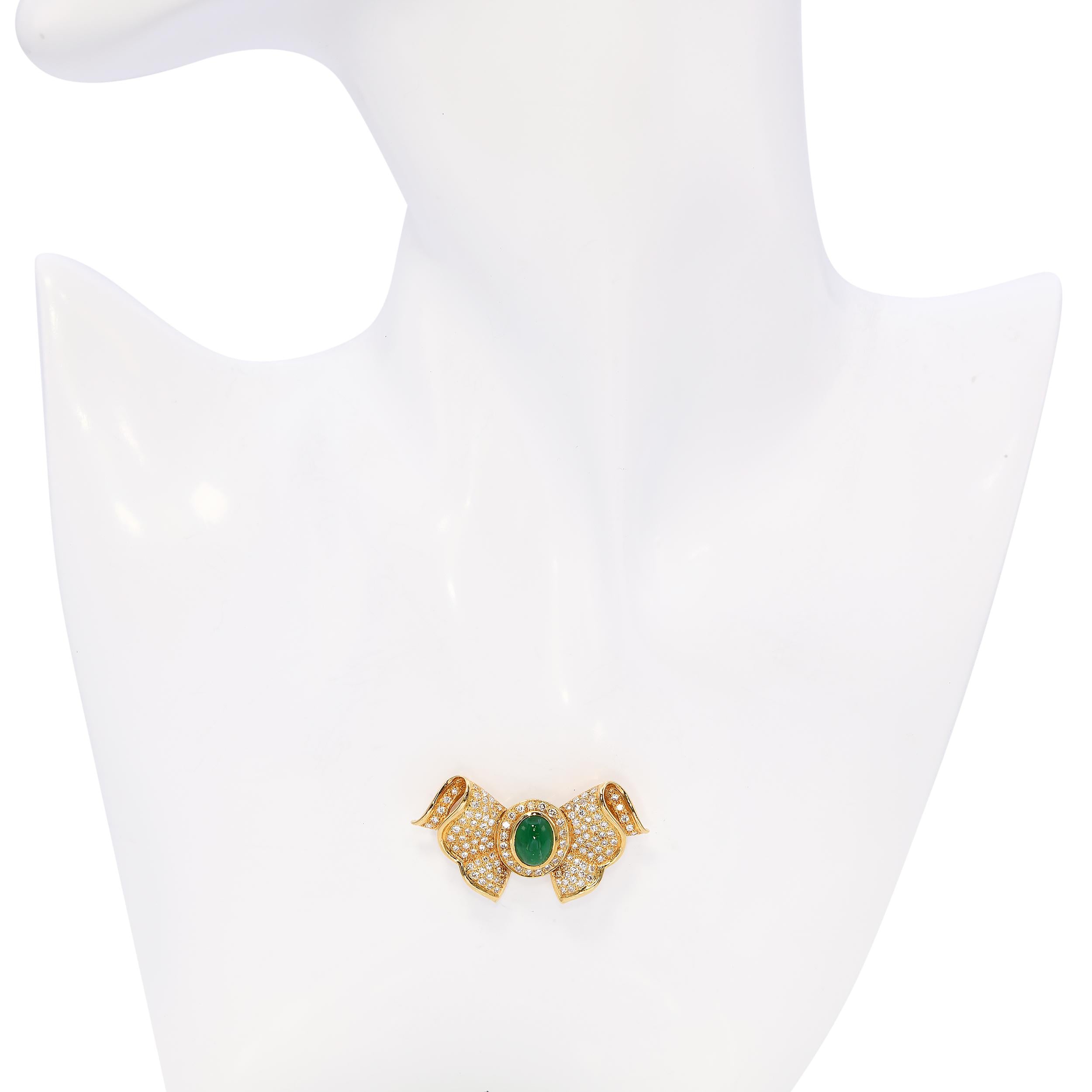 Vintage 18k Yellow Gold 1.99ct Emerald & Diamond Bow Slider Pendant