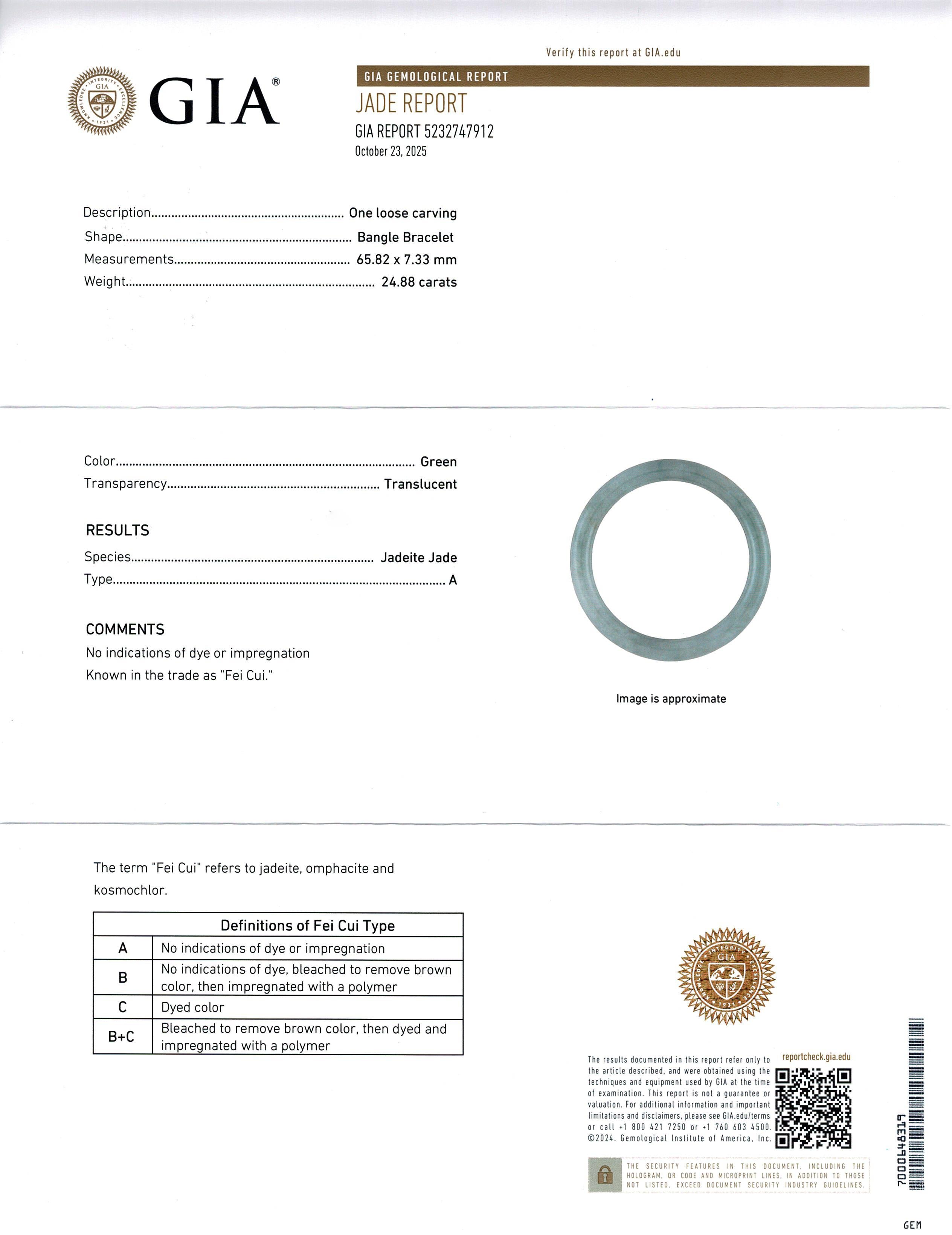 GIA Vintage 24.88ct Translucent Grade A Green Jadeite Jade Bangle Bracelet