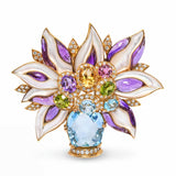 18k Yellow Gold Floral Bouquet in Vase Multi Gem Brooch