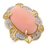 Vintage 16k Yellow Gold Angel Skin Coral and Diamond Cocktail Ring