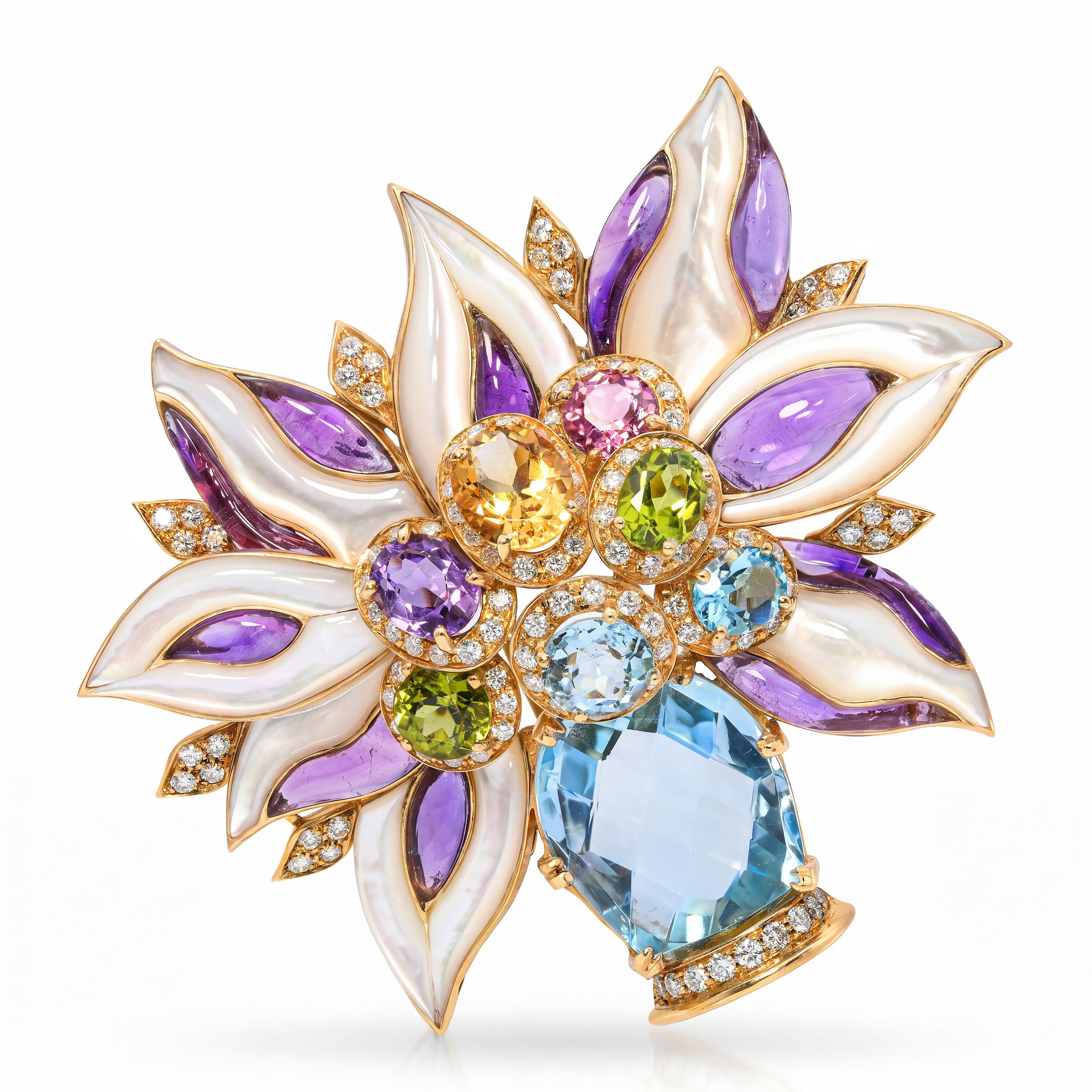 18k Yellow Gold Floral Bouquet in Vase Multi Gem Brooch