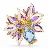 18k Yellow Gold Floral Bouquet in Vase Multi Gem Brooch