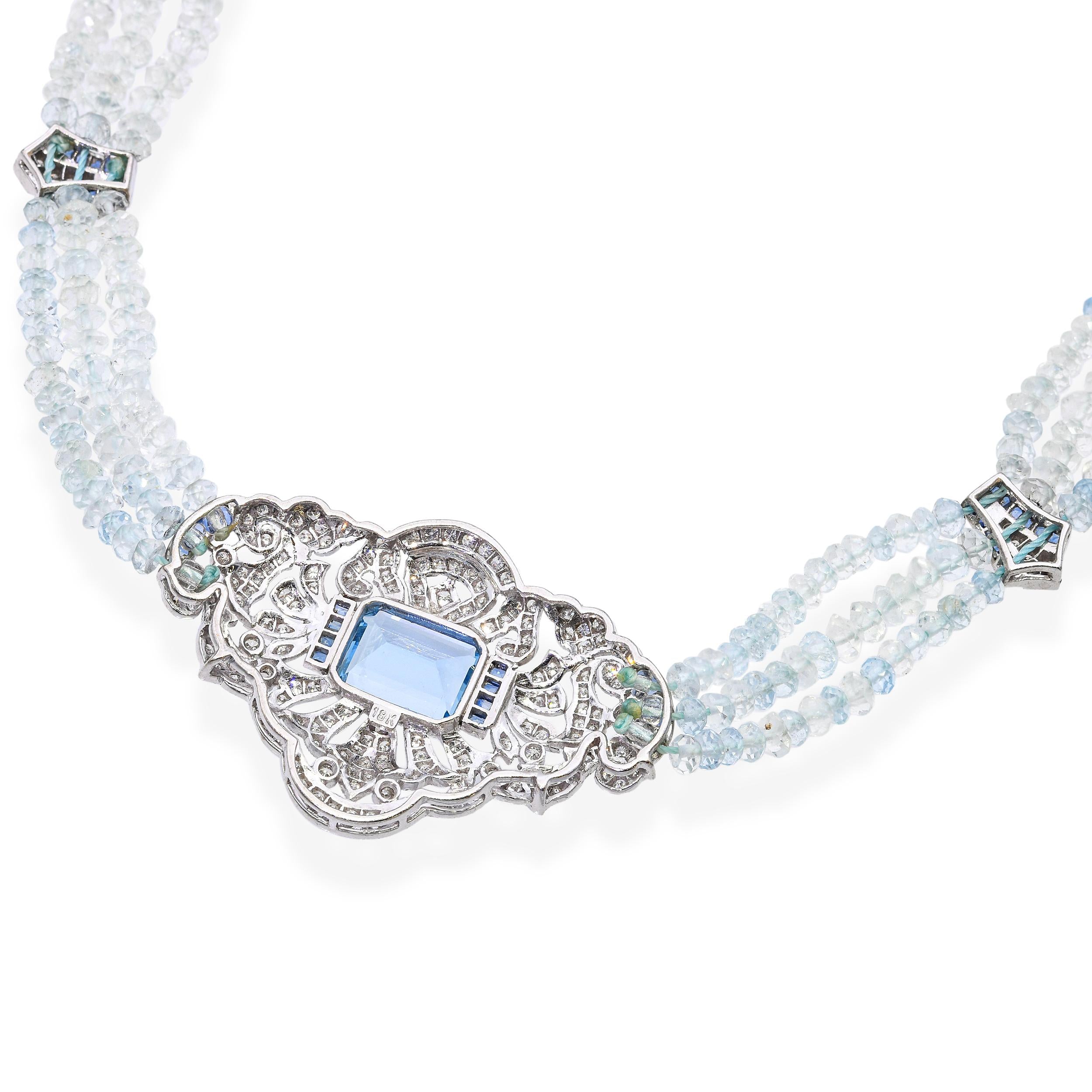 Vintage White Gold Aquamarine Diamond & Sapphire Beaded Necklace