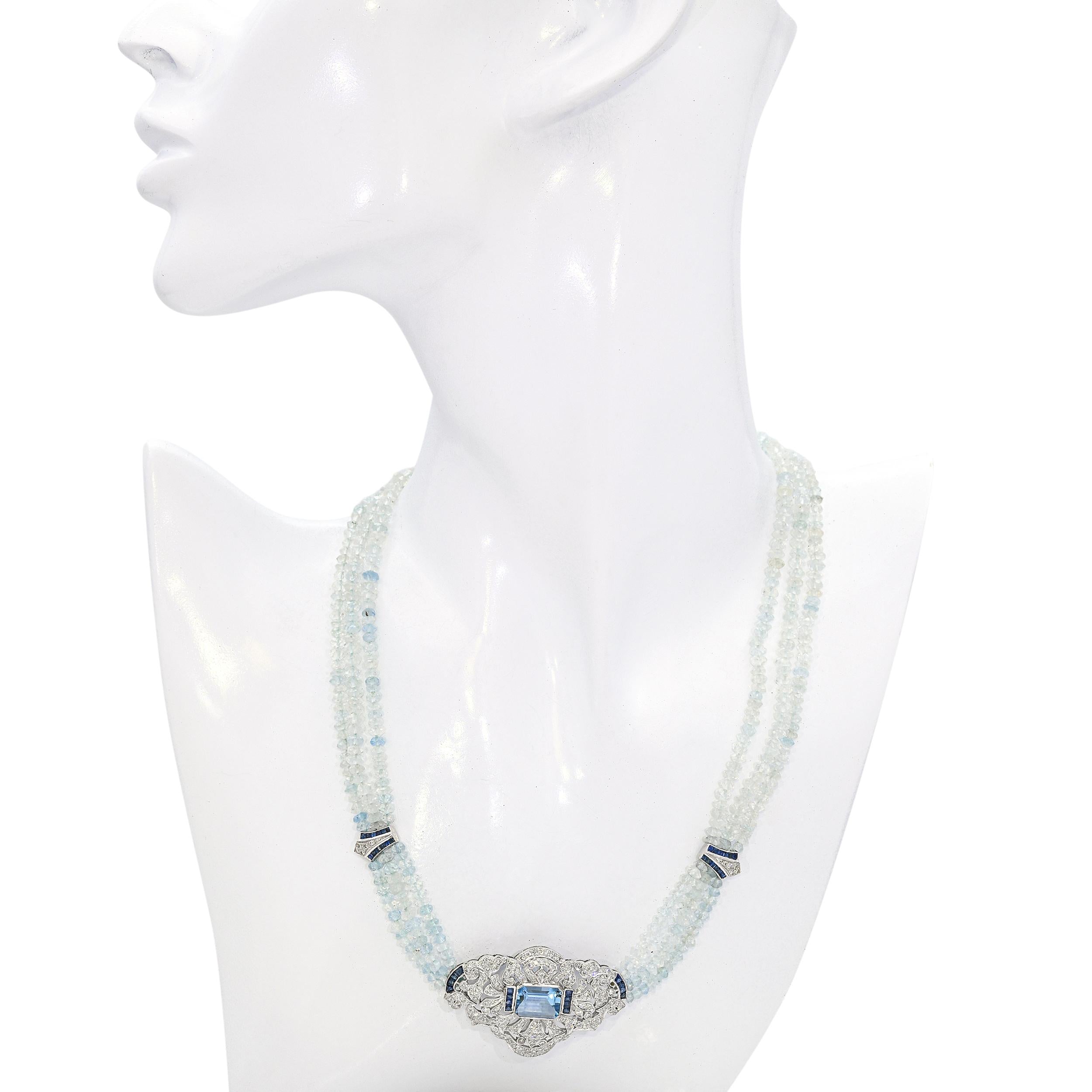 Vintage White Gold Aquamarine Diamond & Sapphire Beaded Necklace