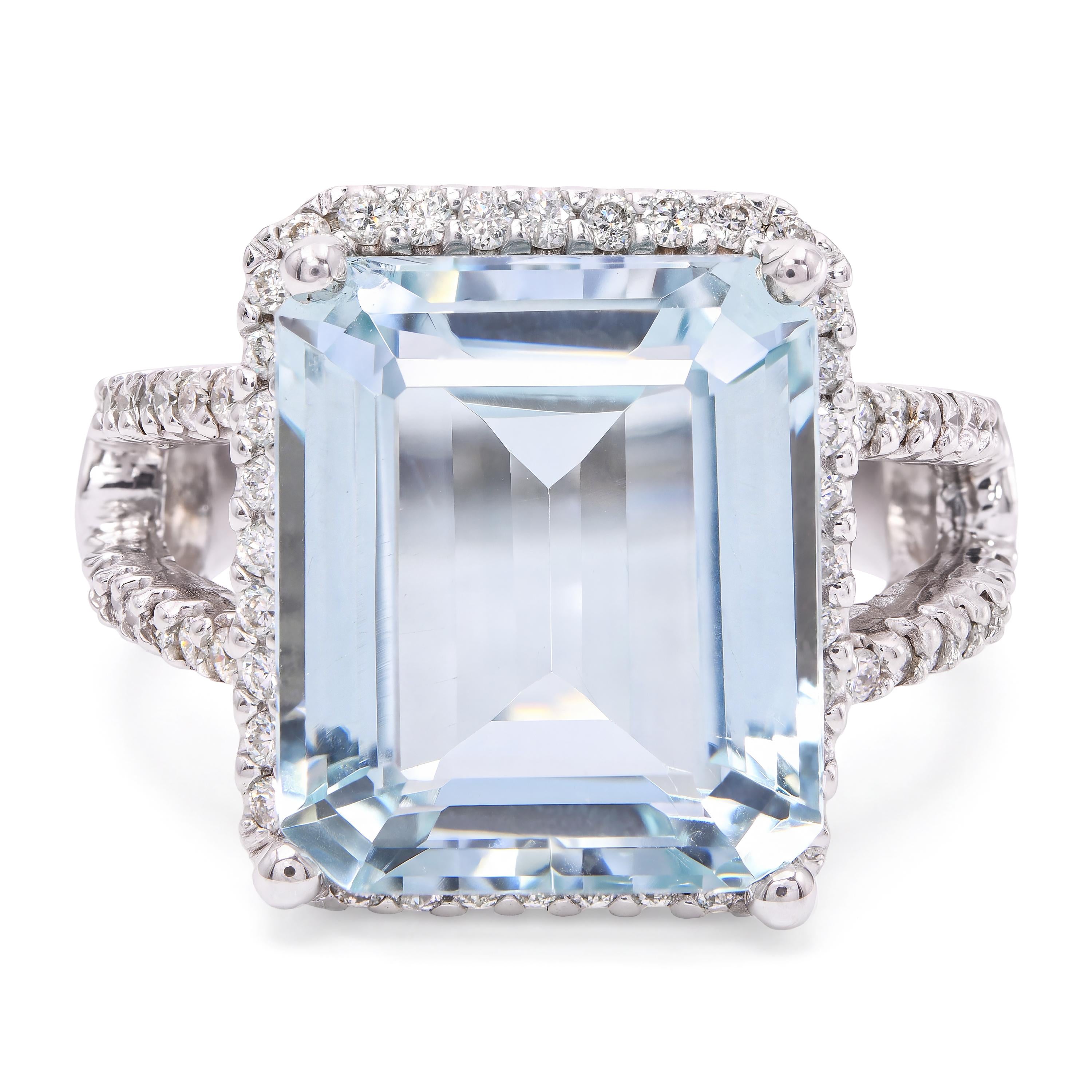 14k White Gold 8.37ct Aquamarine & Diamond Split Shank Statement Ring